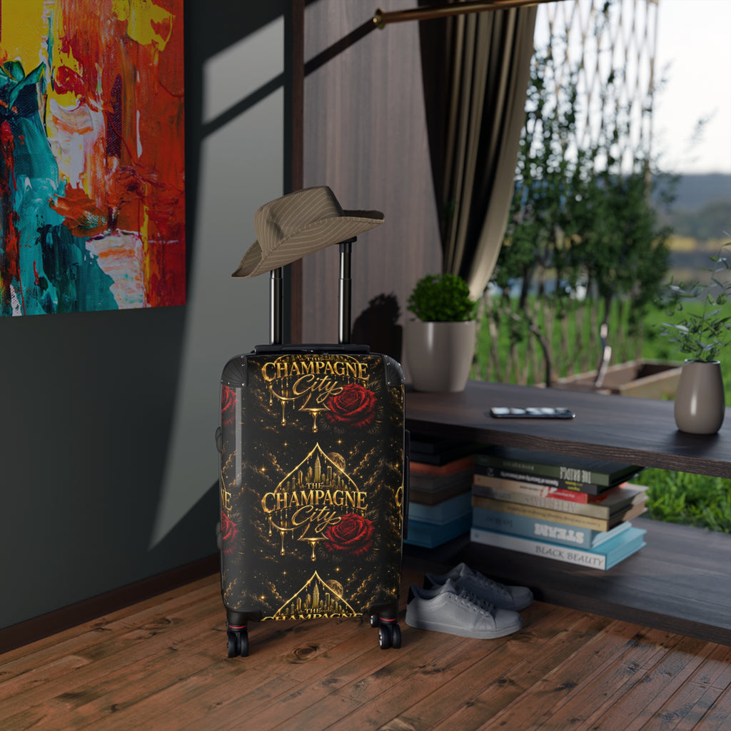 Champagne City Suitcase – Luxurious Black & Gold Travel Luggage with Red Rose Design