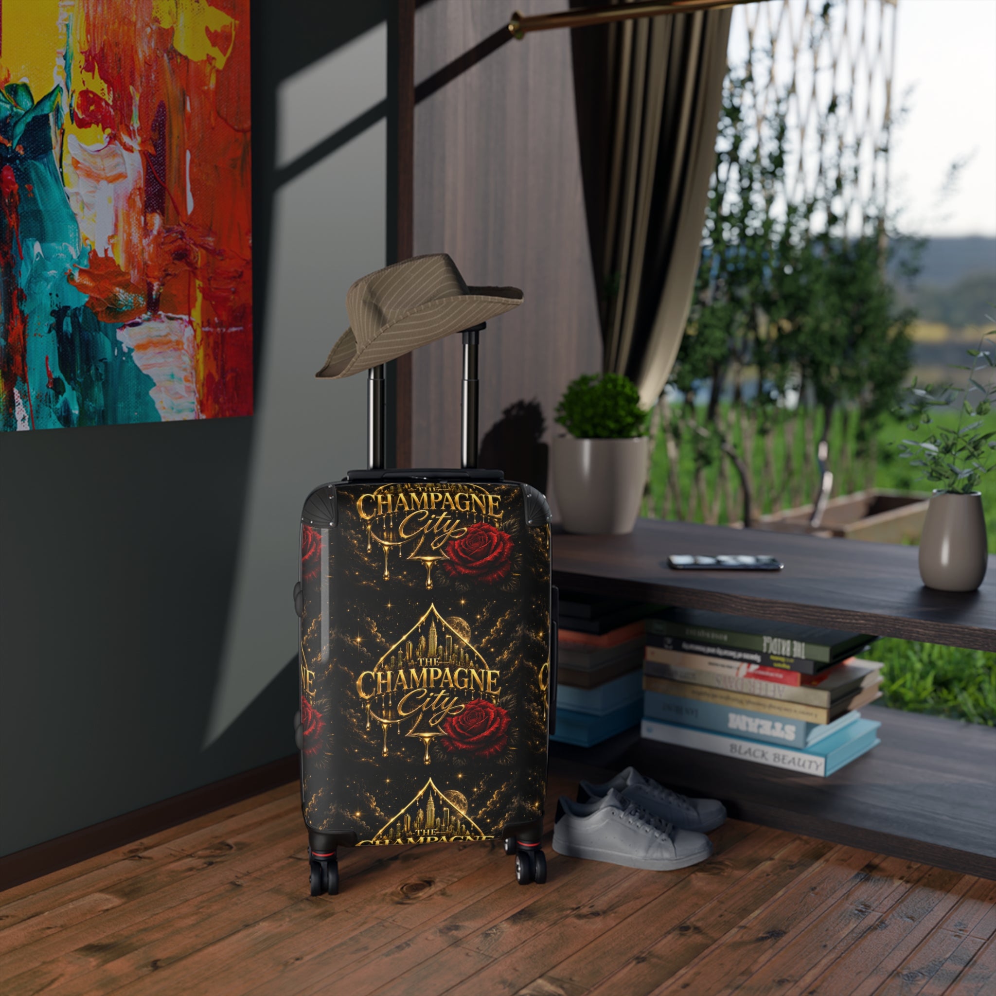 Champagne City Suitcase – Luxurious Black & Gold Travel Luggage with Red Rose Design