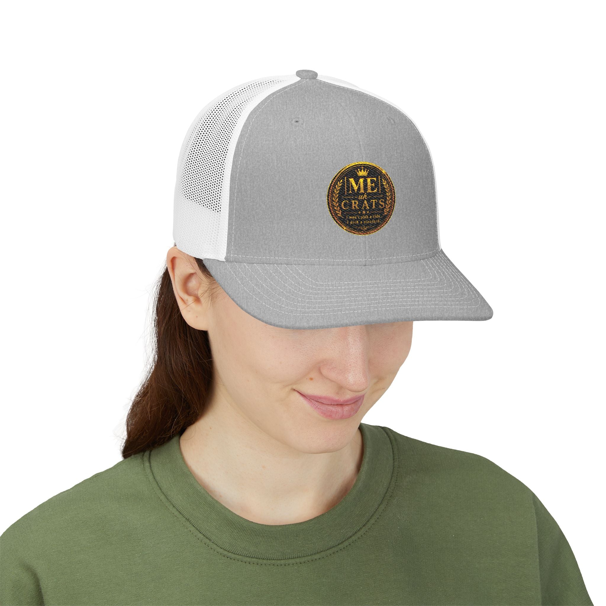 Me -uh- CRATS Signature Embroidered Retro Coin Logo Trucker Cap