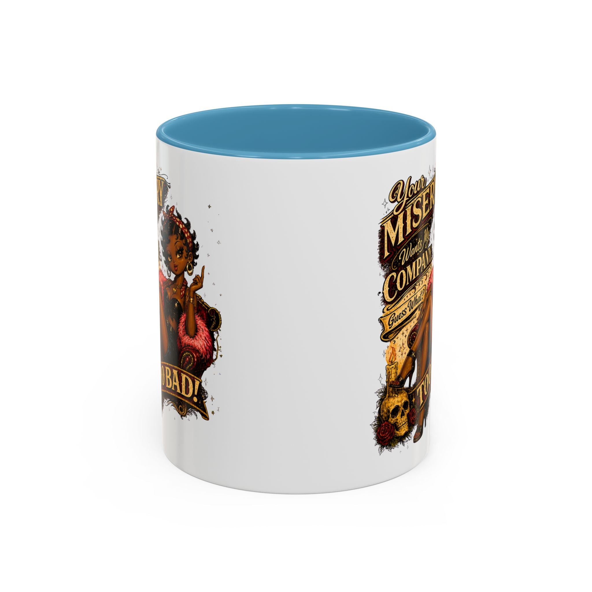 Accent Coffee Mug — "Your Misery Pays My Company" Vintage Pin-Up Gothic Coffee Mug