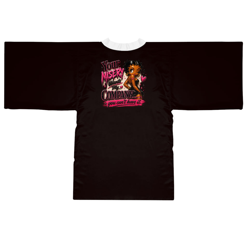 Black Kimono Robe — "Your Misery Wants My Company" Pin-Up Graphic