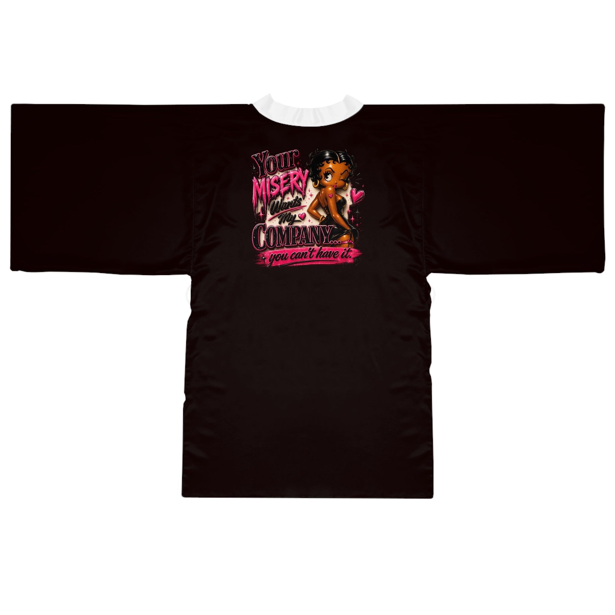 Black Kimono Robe — "Your Misery Wants My Company" Pin-Up Graphic