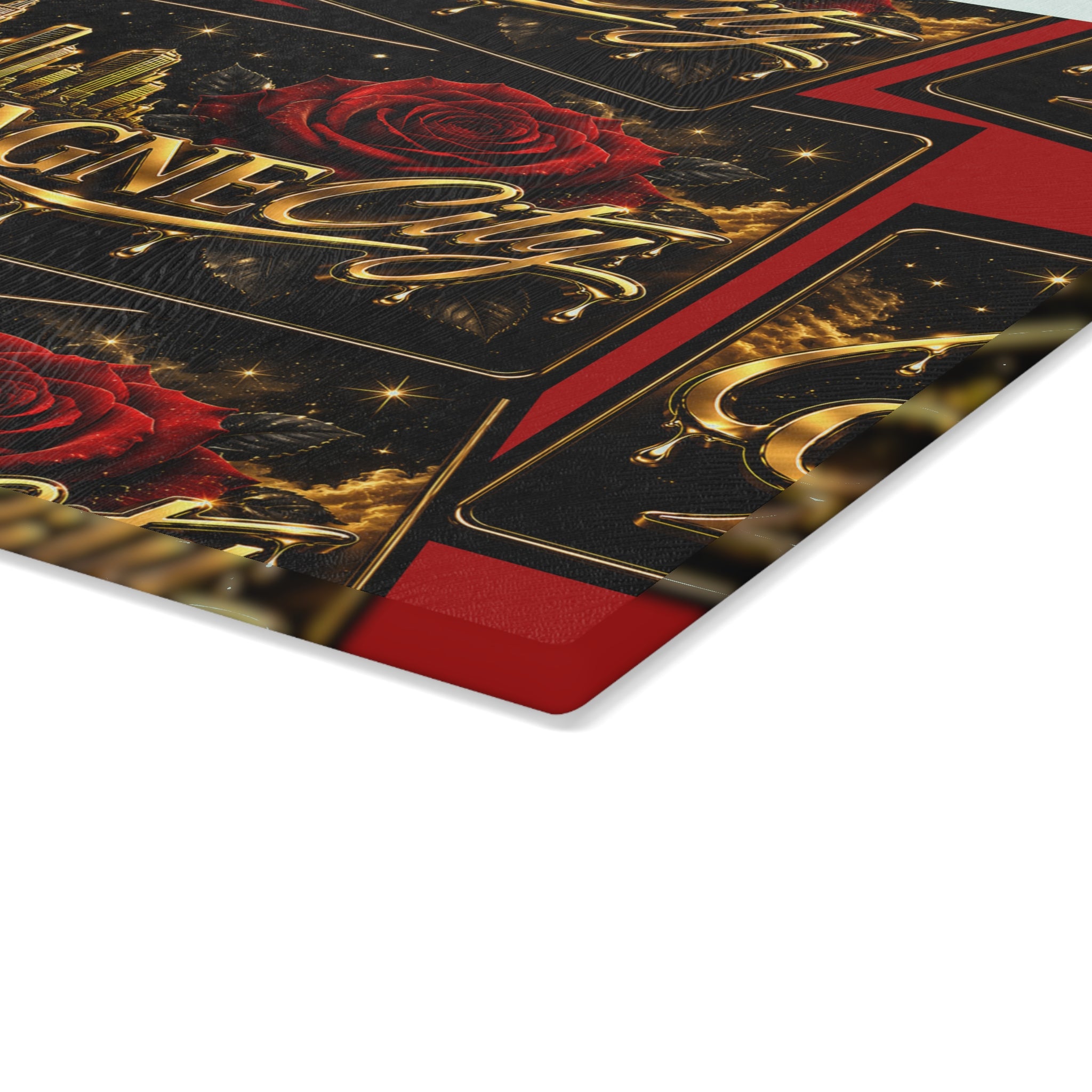Glass Cutting Board — "The Champagne City" Gold Logo Design with Red Roses