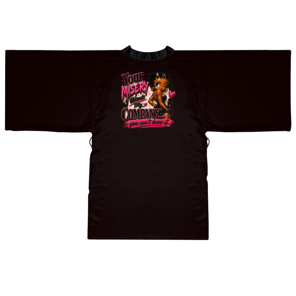 Black Kimono Robe — "Your Misery Wants My Company" Pin-Up Graphic