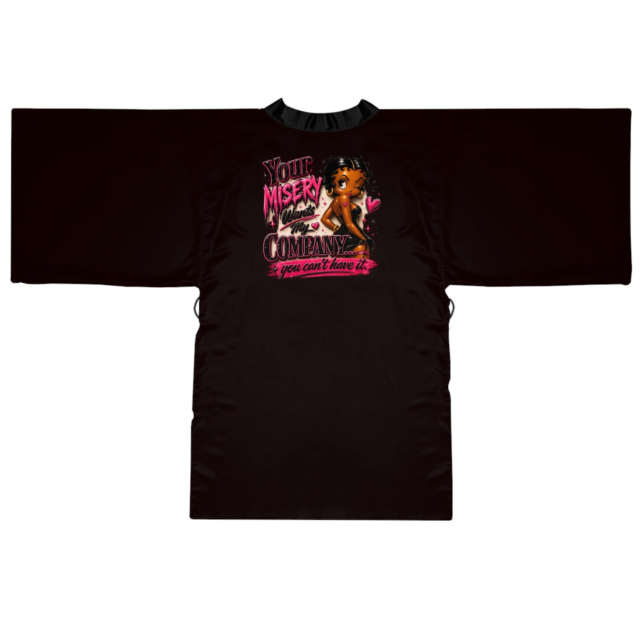 Black Kimono Robe — "Your Misery Wants My Company" Pin-Up Graphic