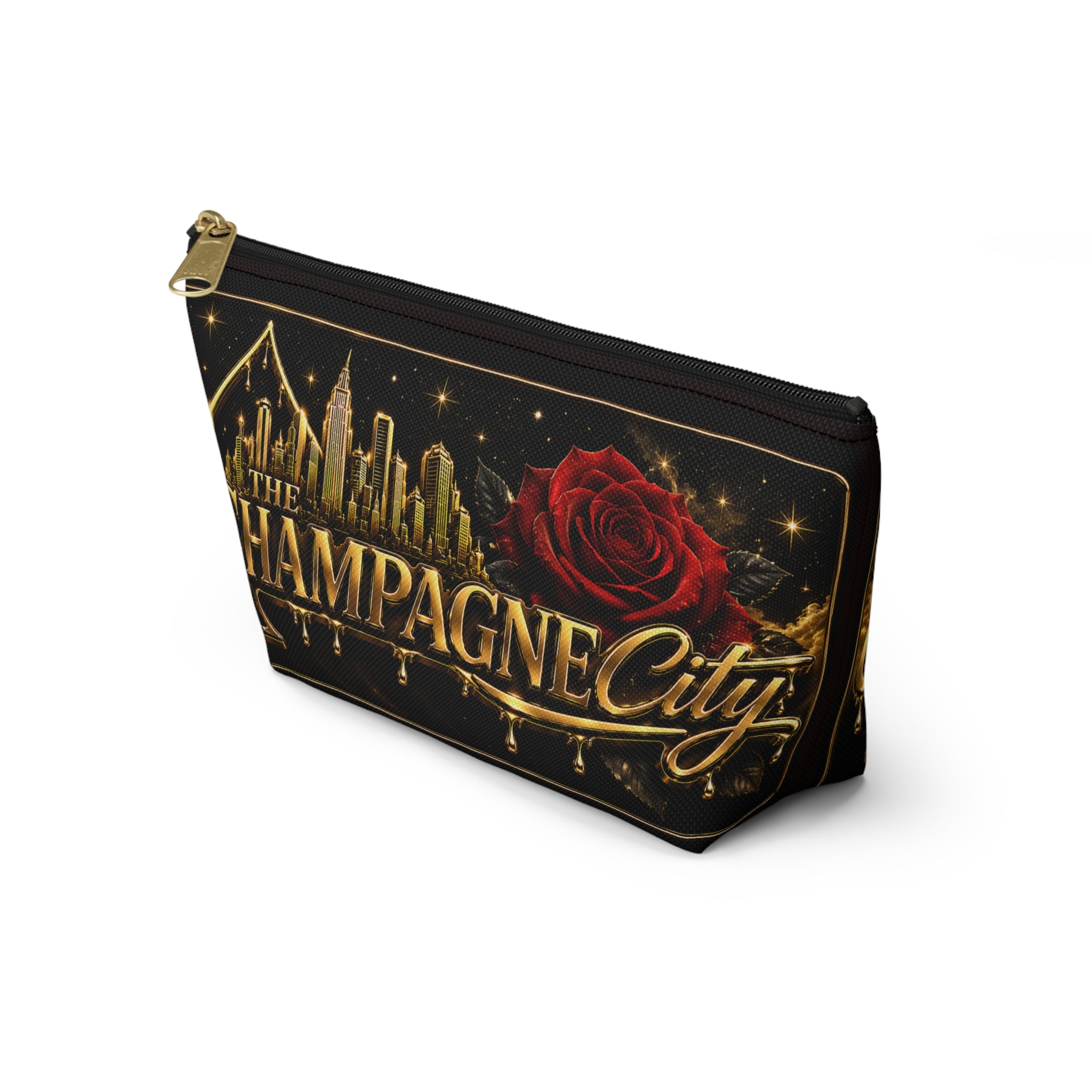 The Champagne City Accessory Pouch — Luxe Rose T-Bottom Makeup Bag