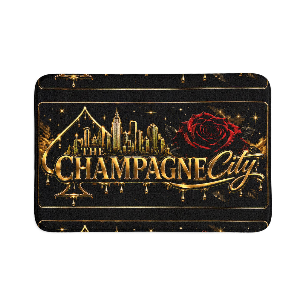 Champagne City Toilet Three-Piece Bath Set — Gold Skyline & Red Rose Design