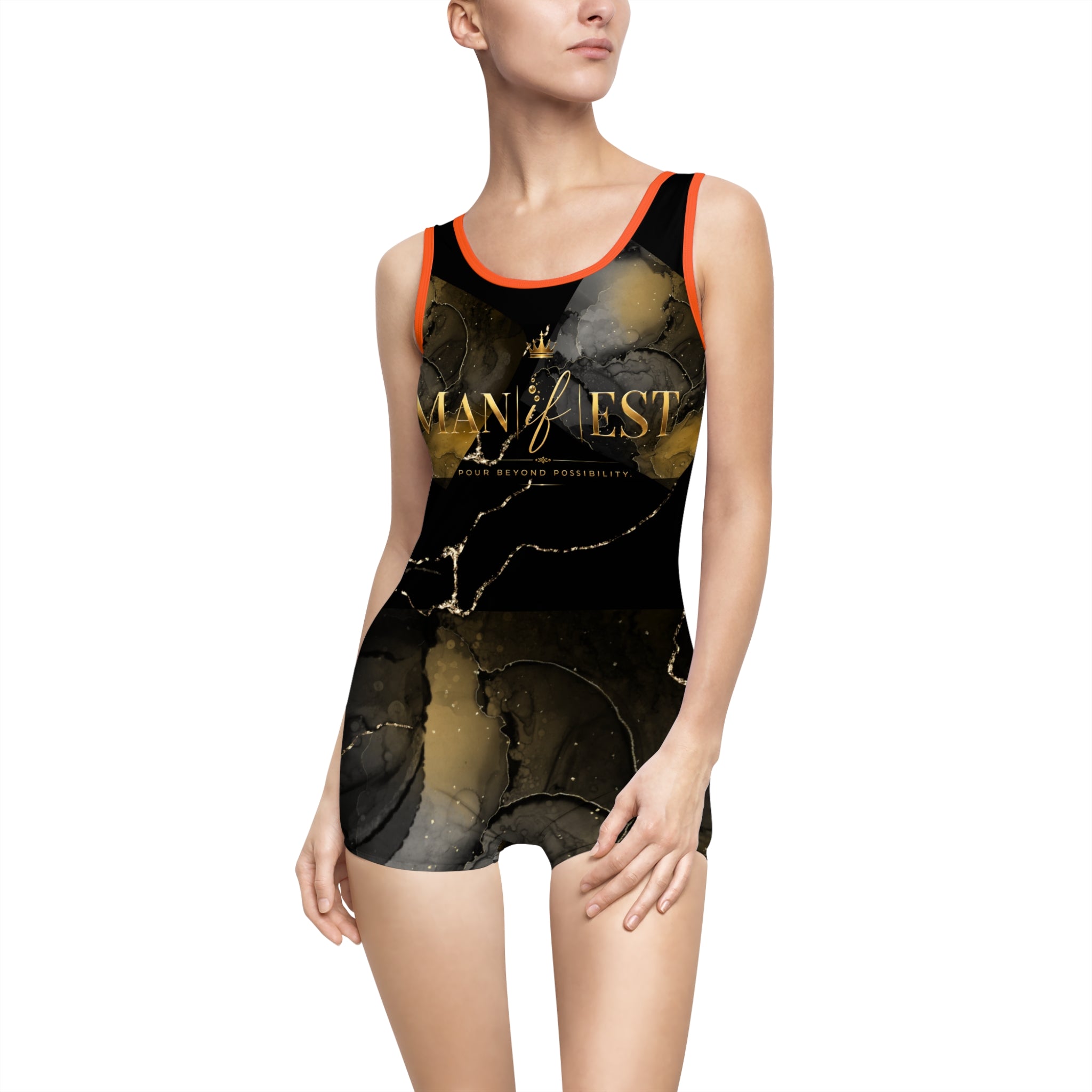 Vintage Reserve 'Man |if| est.' Women's One-Piece Swimsuit - Black & Gold Retro Label