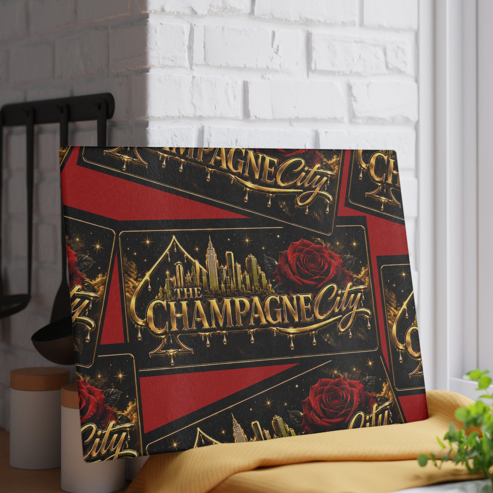 Glass Cutting Board — "The Champagne City" Gold Logo Design with Red Roses