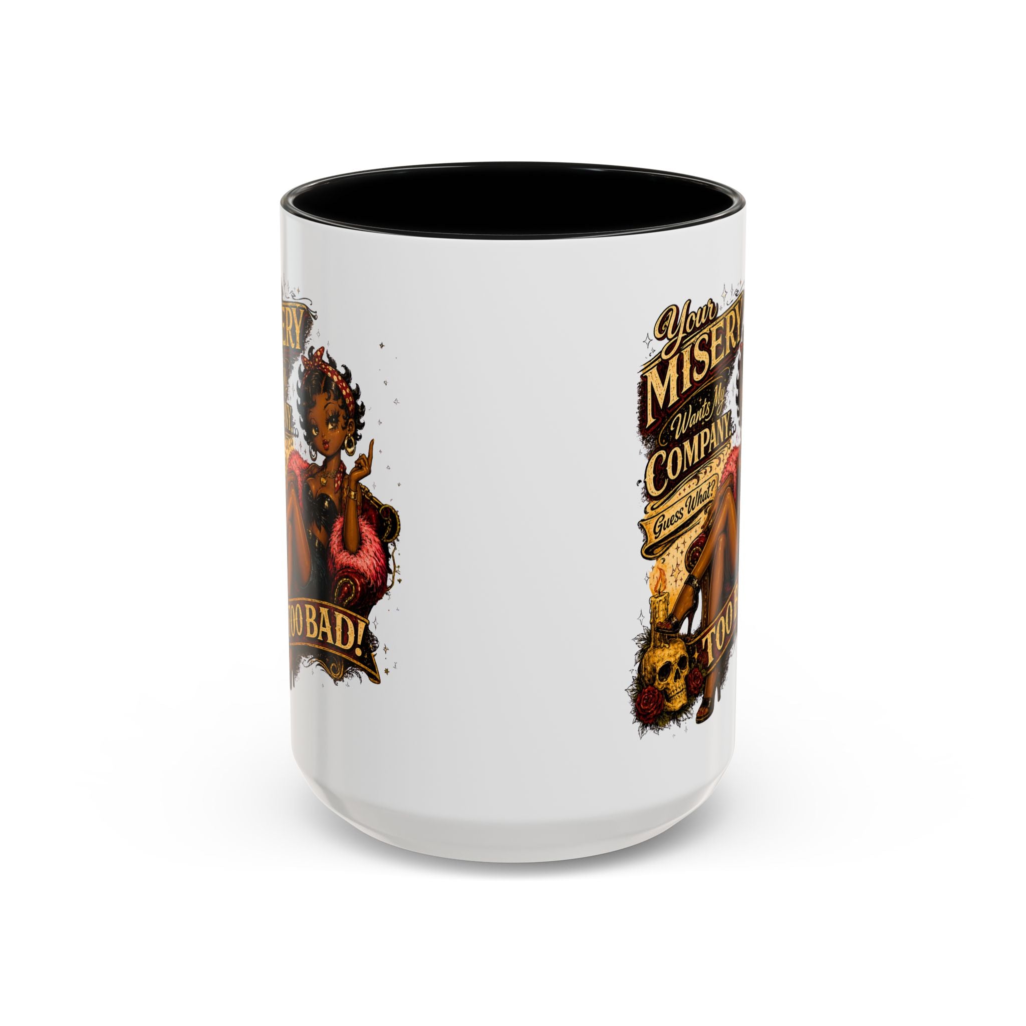 Accent Coffee Mug — "Your Misery Pays My Company" Vintage Pin-Up Gothic Coffee Mug