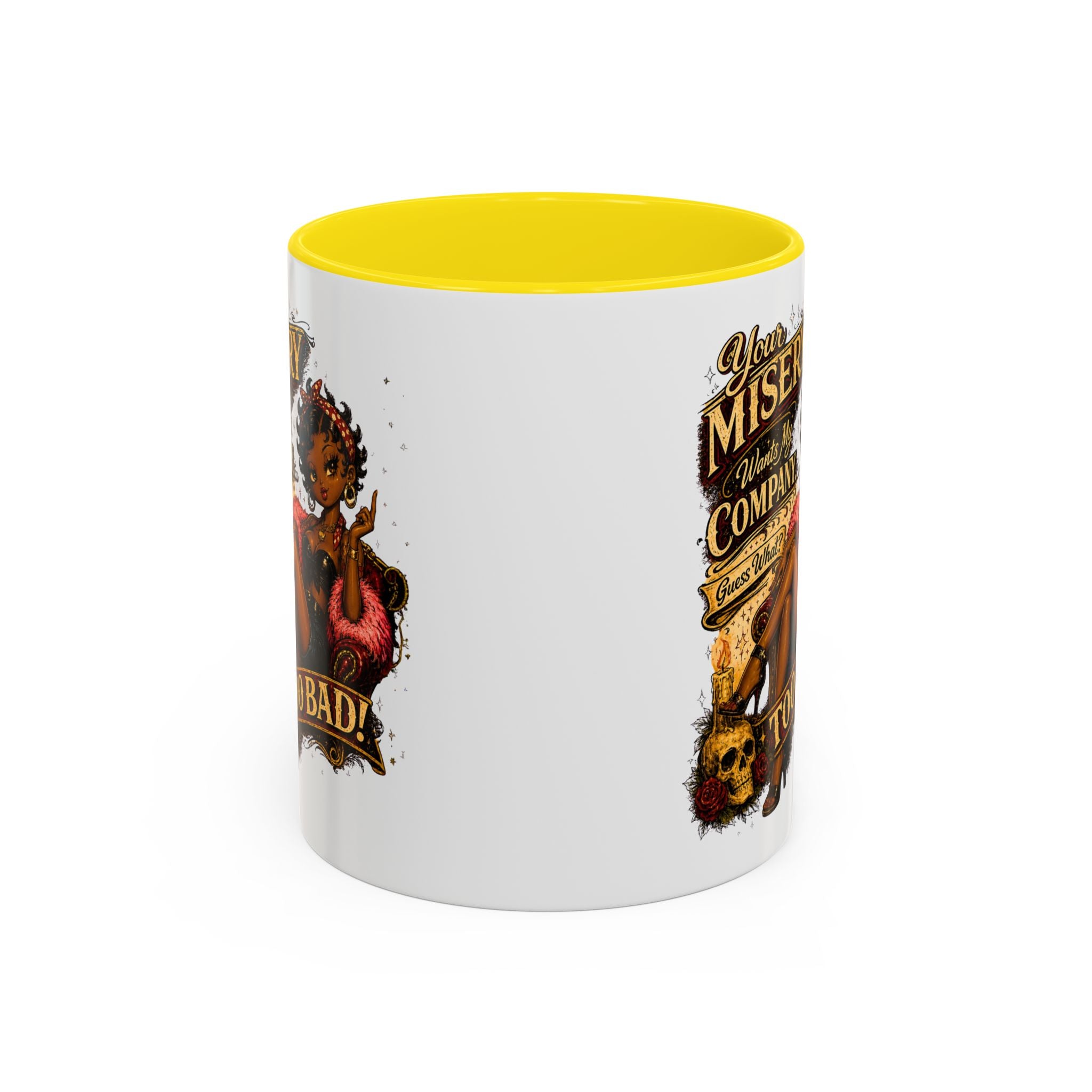 Accent Coffee Mug — "Your Misery Pays My Company" Vintage Pin-Up Gothic Coffee Mug