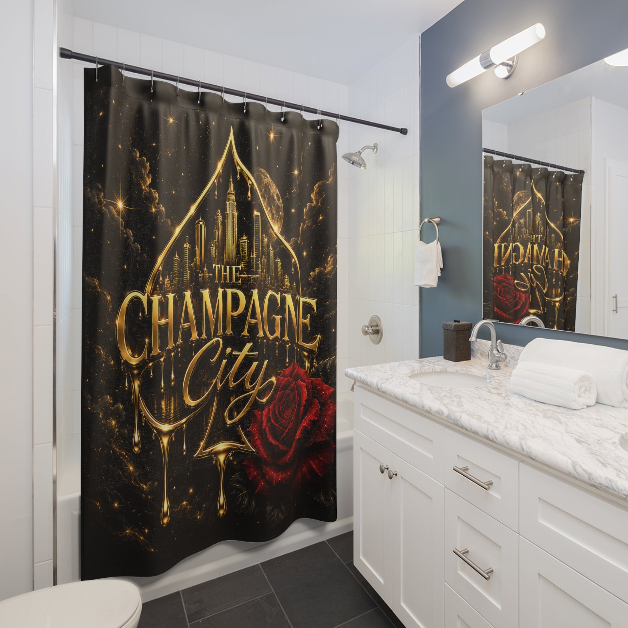 Shower Curtain — 'The Champagne City' Golden Skyline Bath Curtain with Red Rose