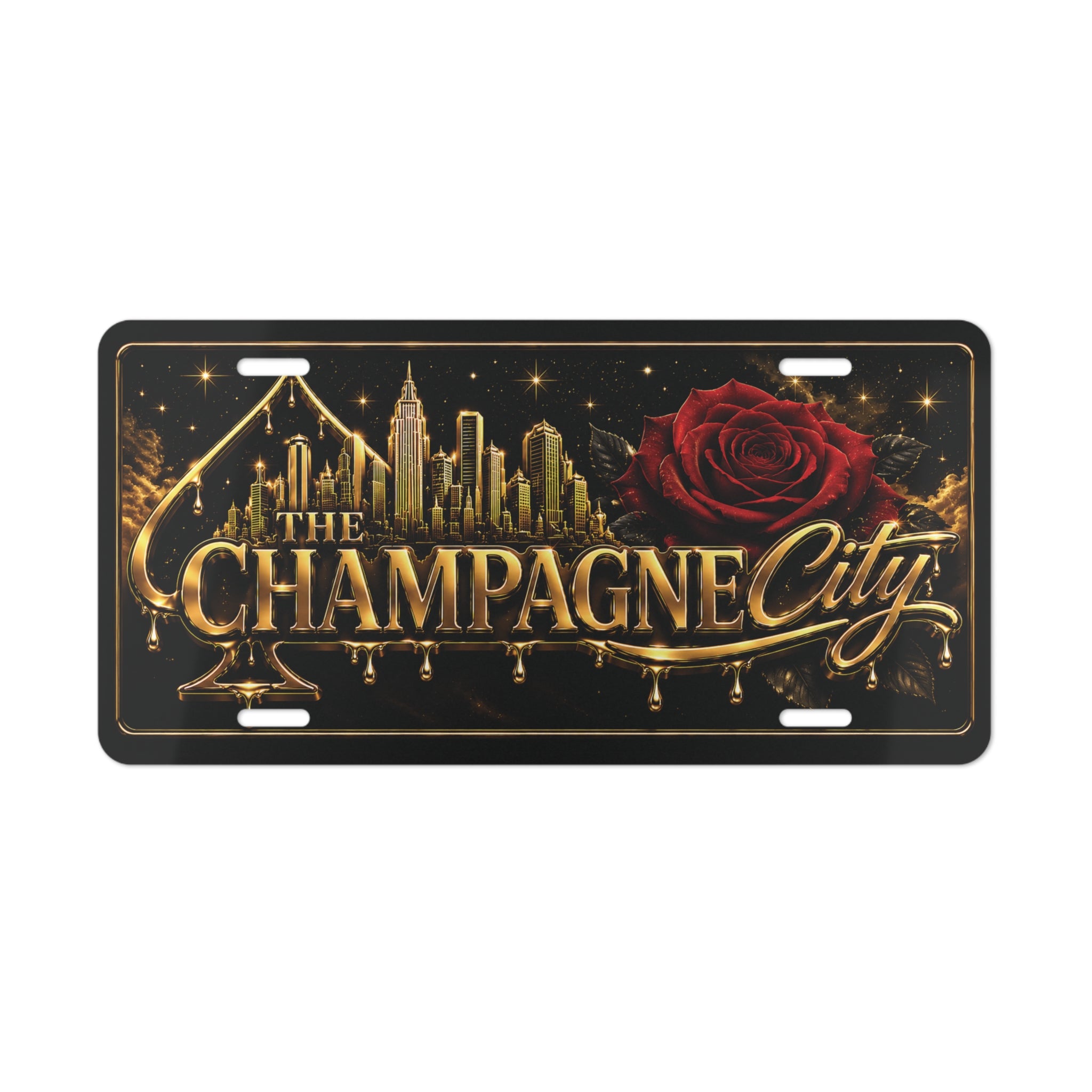 Vanity Plate — "The Champagne City" Decorative License Plate with Gold Script & Rose