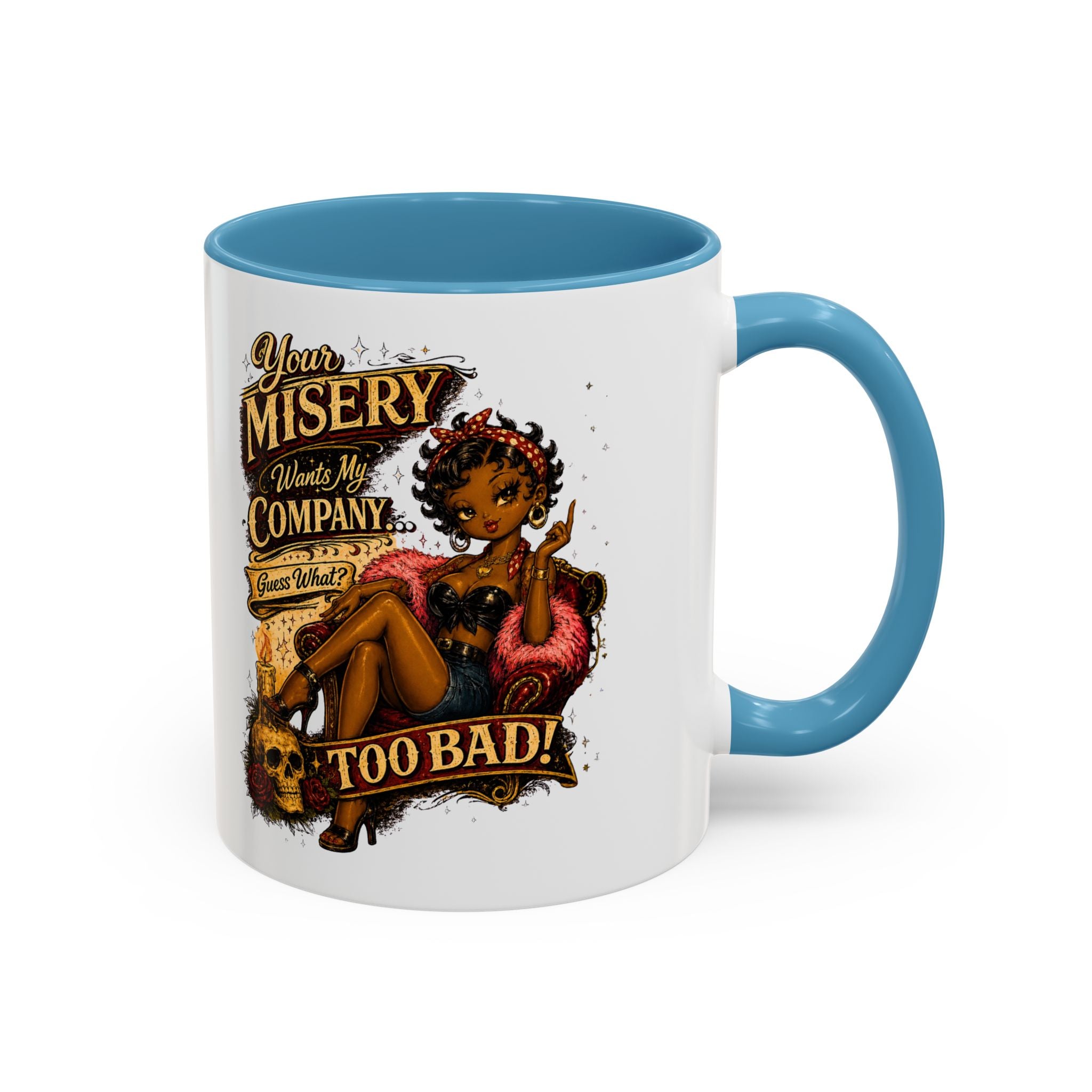 Accent Coffee Mug — "Your Misery Pays My Company" Vintage Pin-Up Gothic Coffee Mug