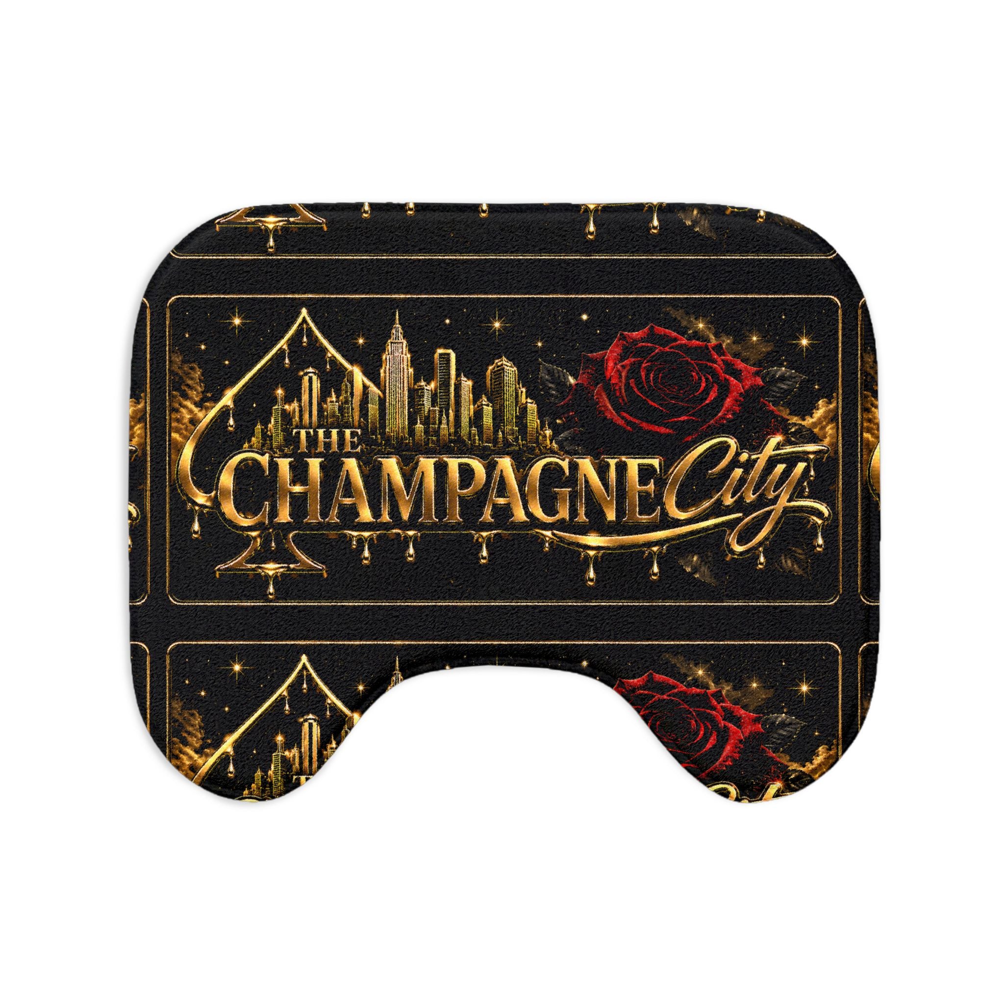 Champagne City Toilet Three-Piece Bath Set — Gold Skyline & Red Rose Design