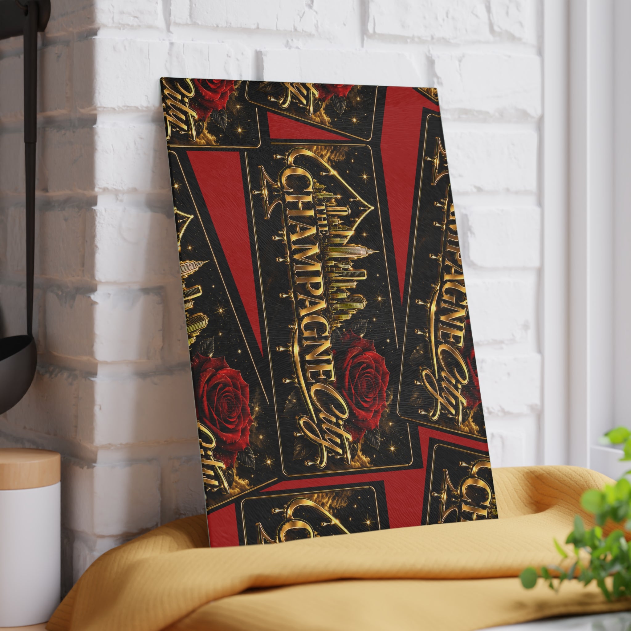 Glass Cutting Board — "The Champagne City" Gold Logo Design with Red Roses