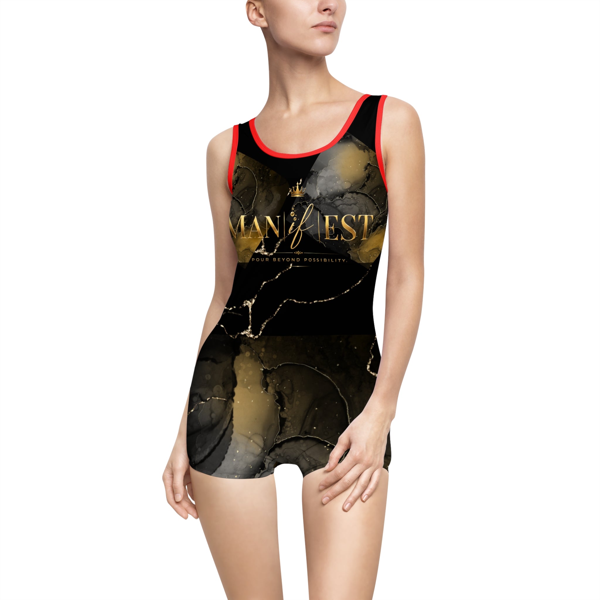 Vintage Reserve 'Man |if| est.' Women's One-Piece Swimsuit - Black & Gold Retro Label