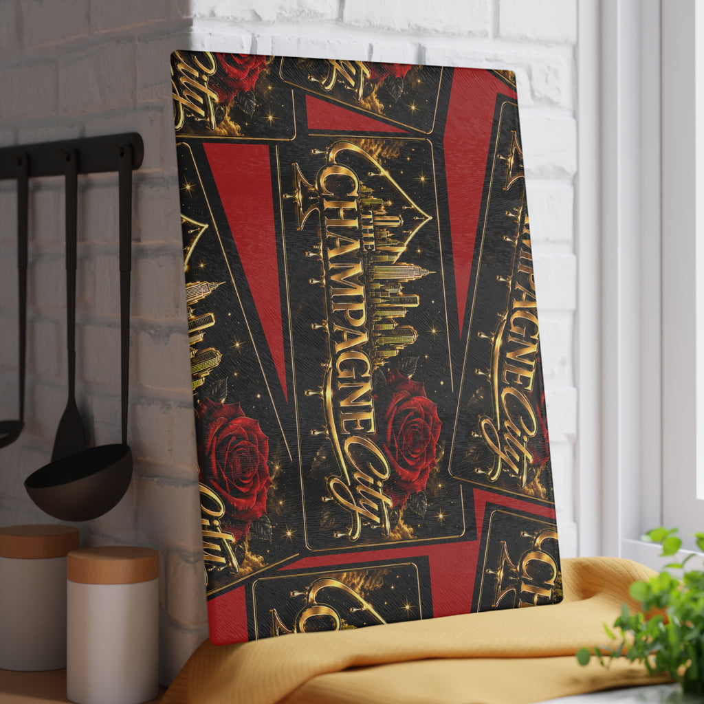 Glass Cutting Board — "The Champagne City" Gold Logo Design with Red Roses