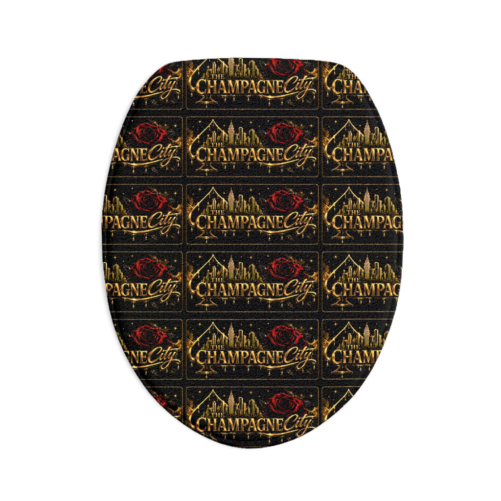 Champagne City Toilet Three-Piece Bath Set — Gold Skyline & Red Rose Design