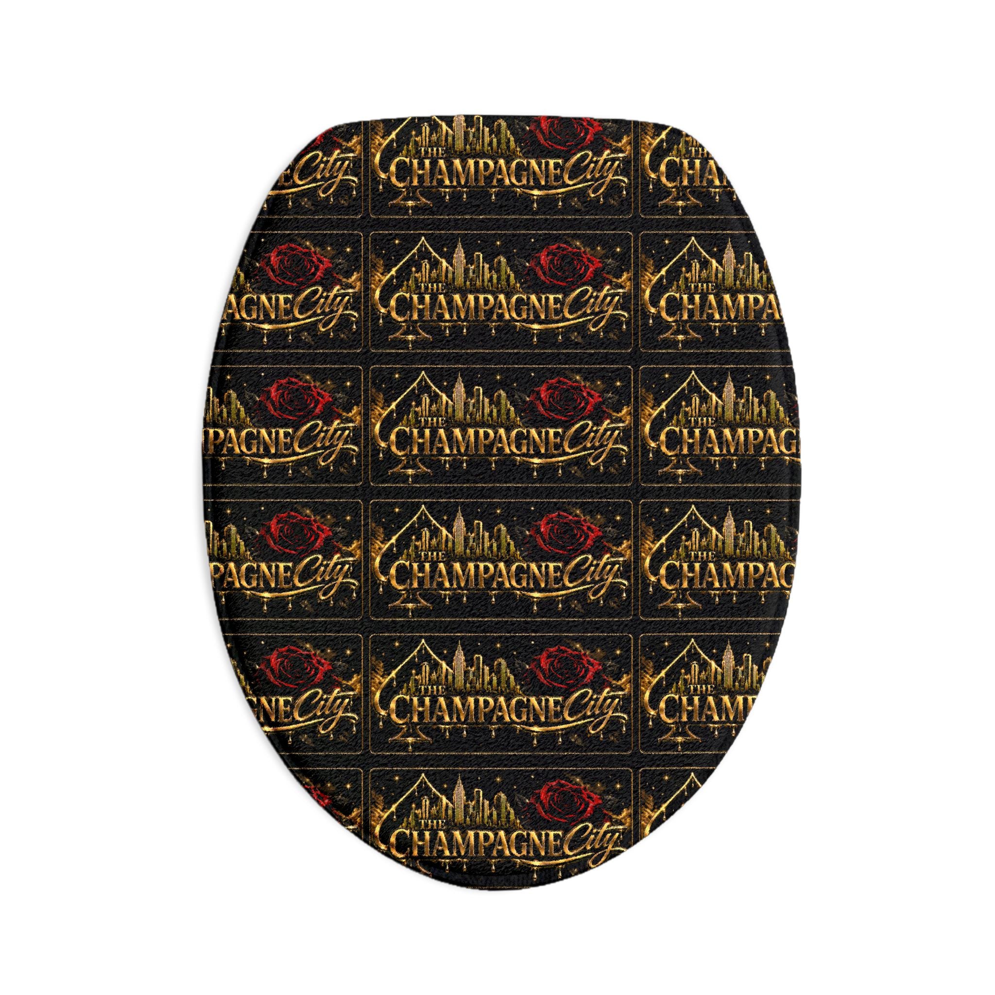 Champagne City Toilet Three-Piece Bath Set — Gold Skyline & Red Rose Design