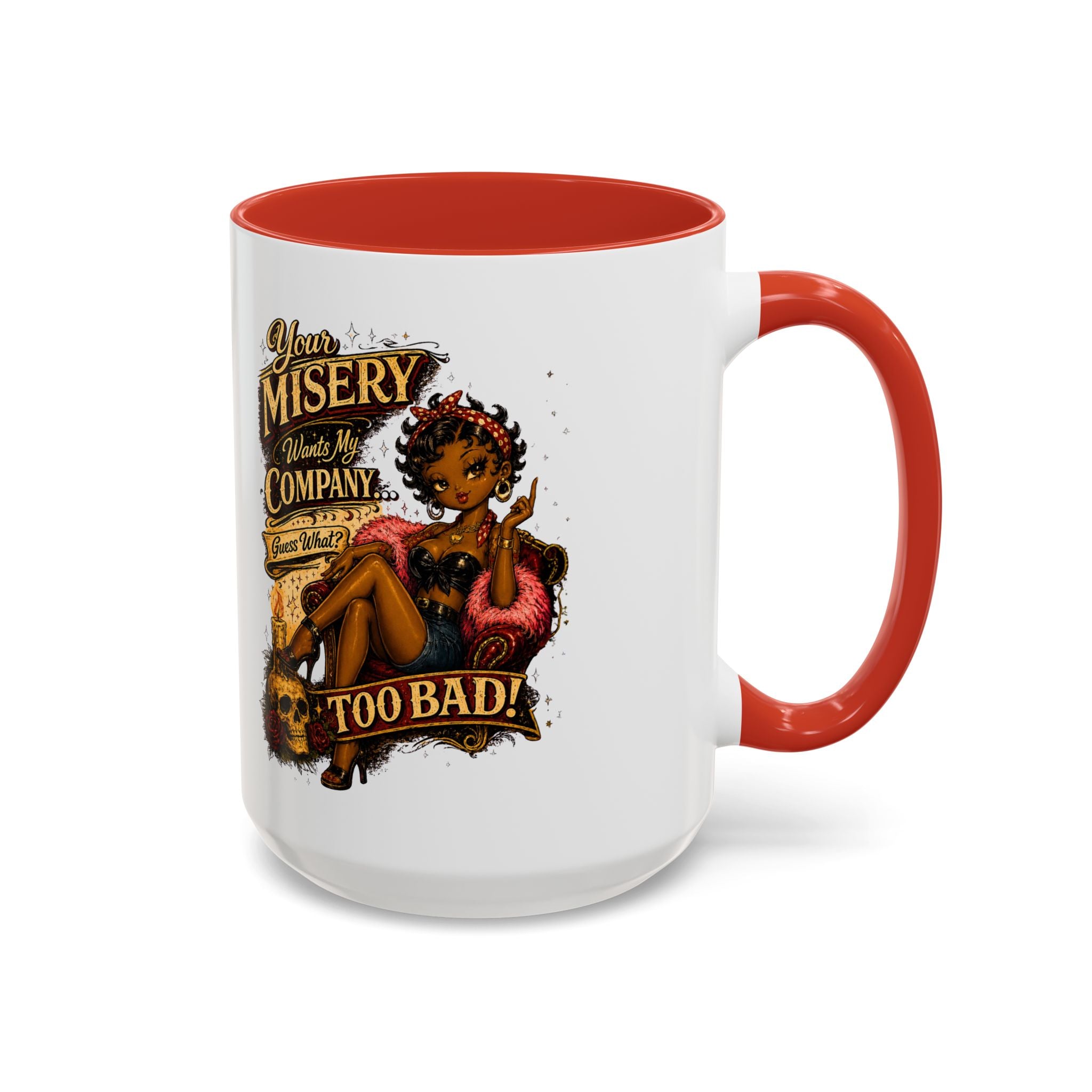 Accent Coffee Mug — "Your Misery Pays My Company" Vintage Pin-Up Gothic Coffee Mug