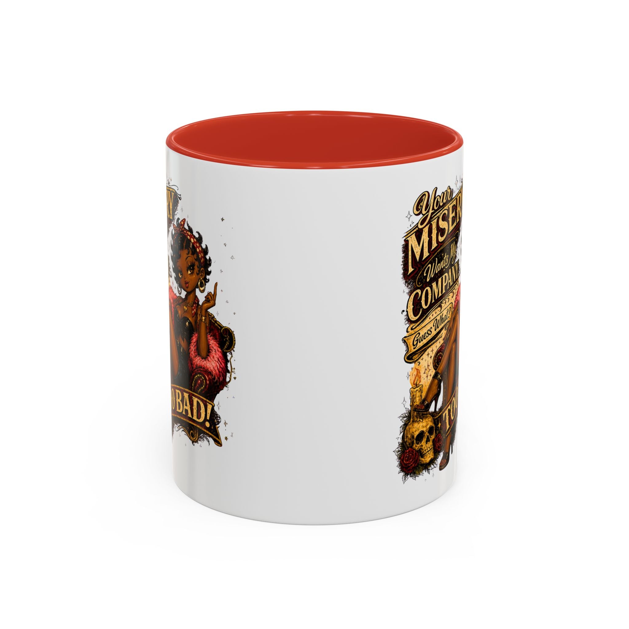 Accent Coffee Mug — "Your Misery Pays My Company" Vintage Pin-Up Gothic Coffee Mug