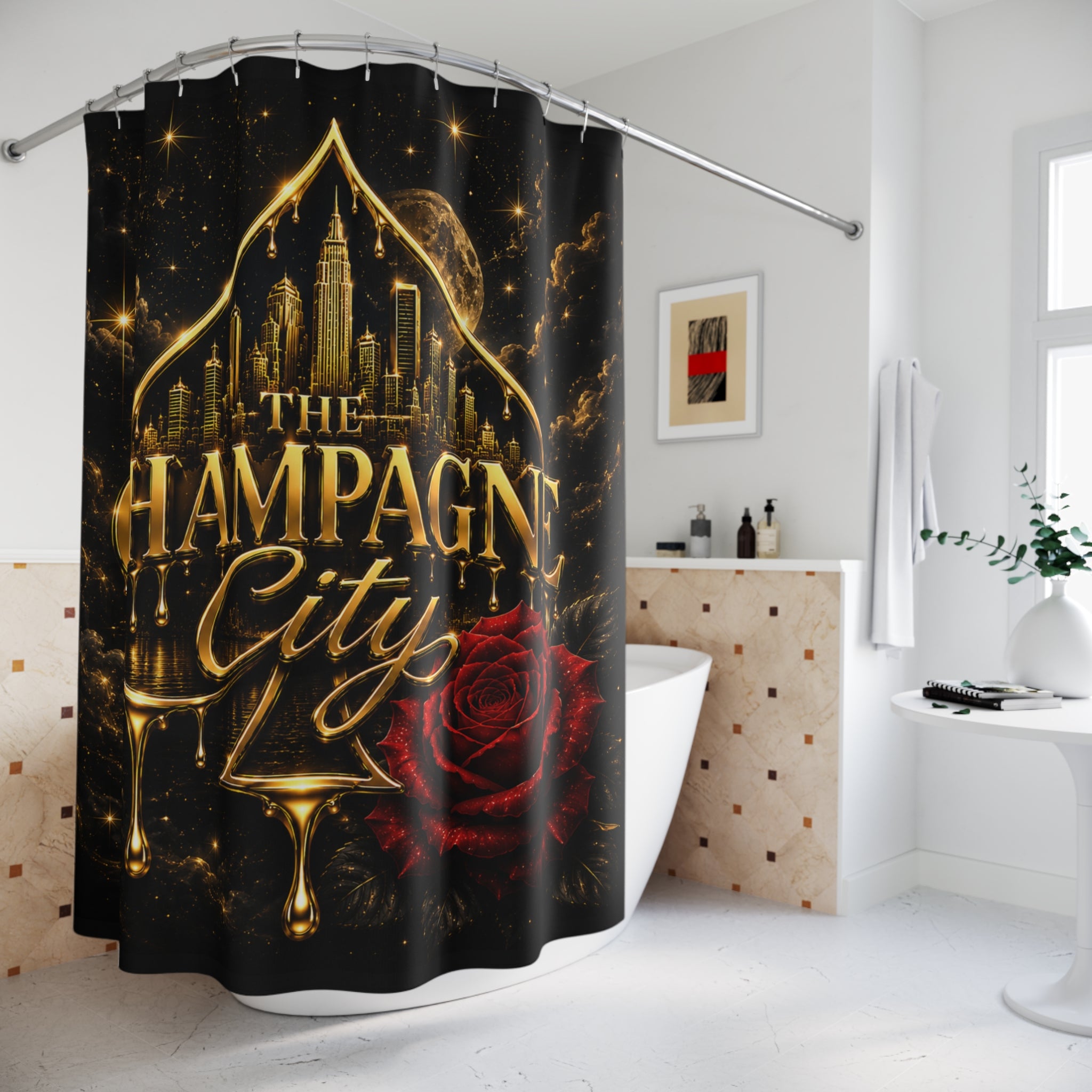 Shower Curtain — 'The Champagne City' Golden Skyline Bath Curtain with Red Rose