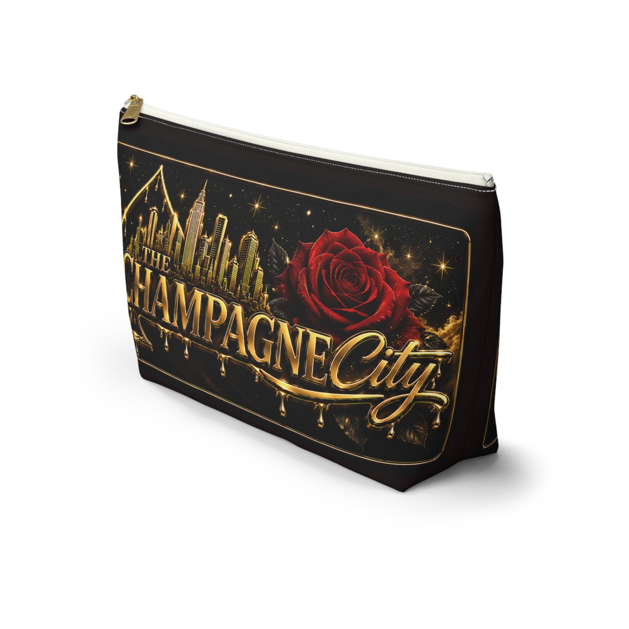 The Champagne City Accessory Pouch — Luxe Rose T-Bottom Makeup Bag