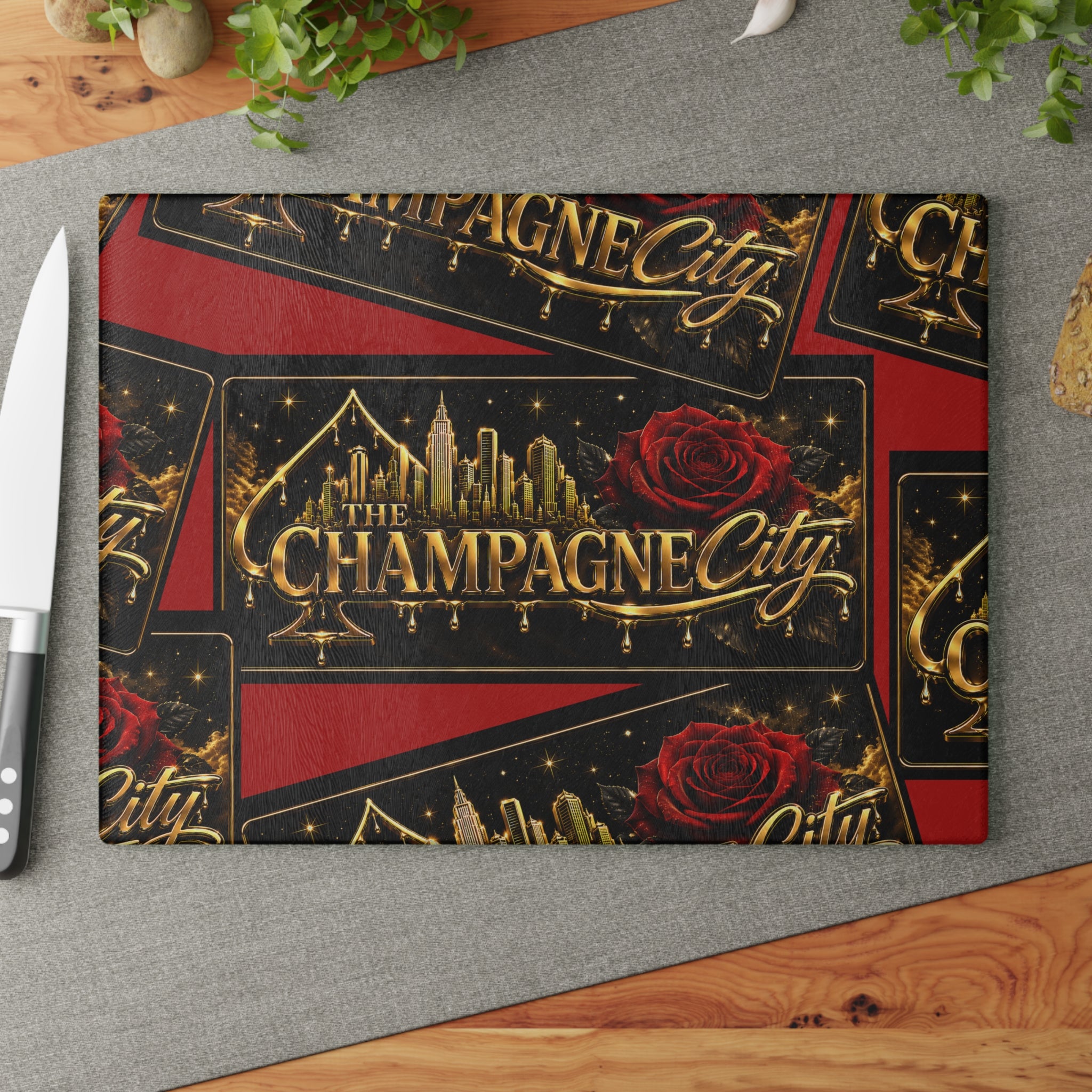 Glass Cutting Board — "The Champagne City" Gold Logo Design with Red Roses