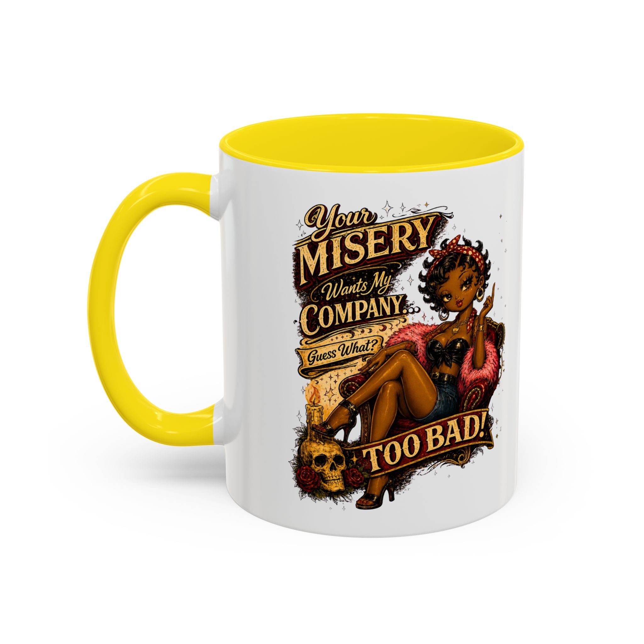 Accent Coffee Mug — "Your Misery Pays My Company" Vintage Pin-Up Gothic Coffee Mug