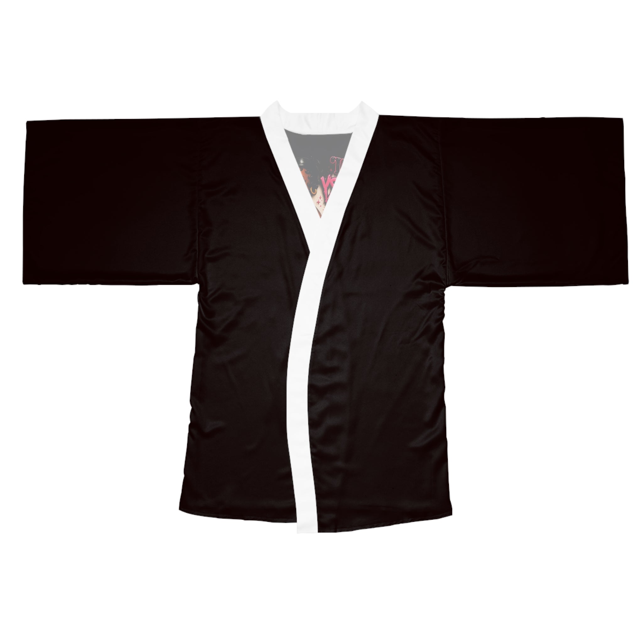 Black Kimono Robe — "Your Misery Wants My Company" Pin-Up Graphic
