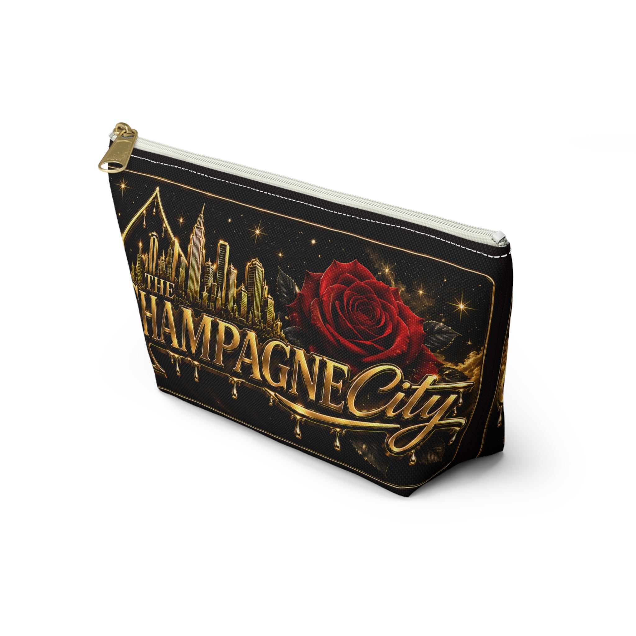 The Champagne City Accessory Pouch — Luxe Rose T-Bottom Makeup Bag