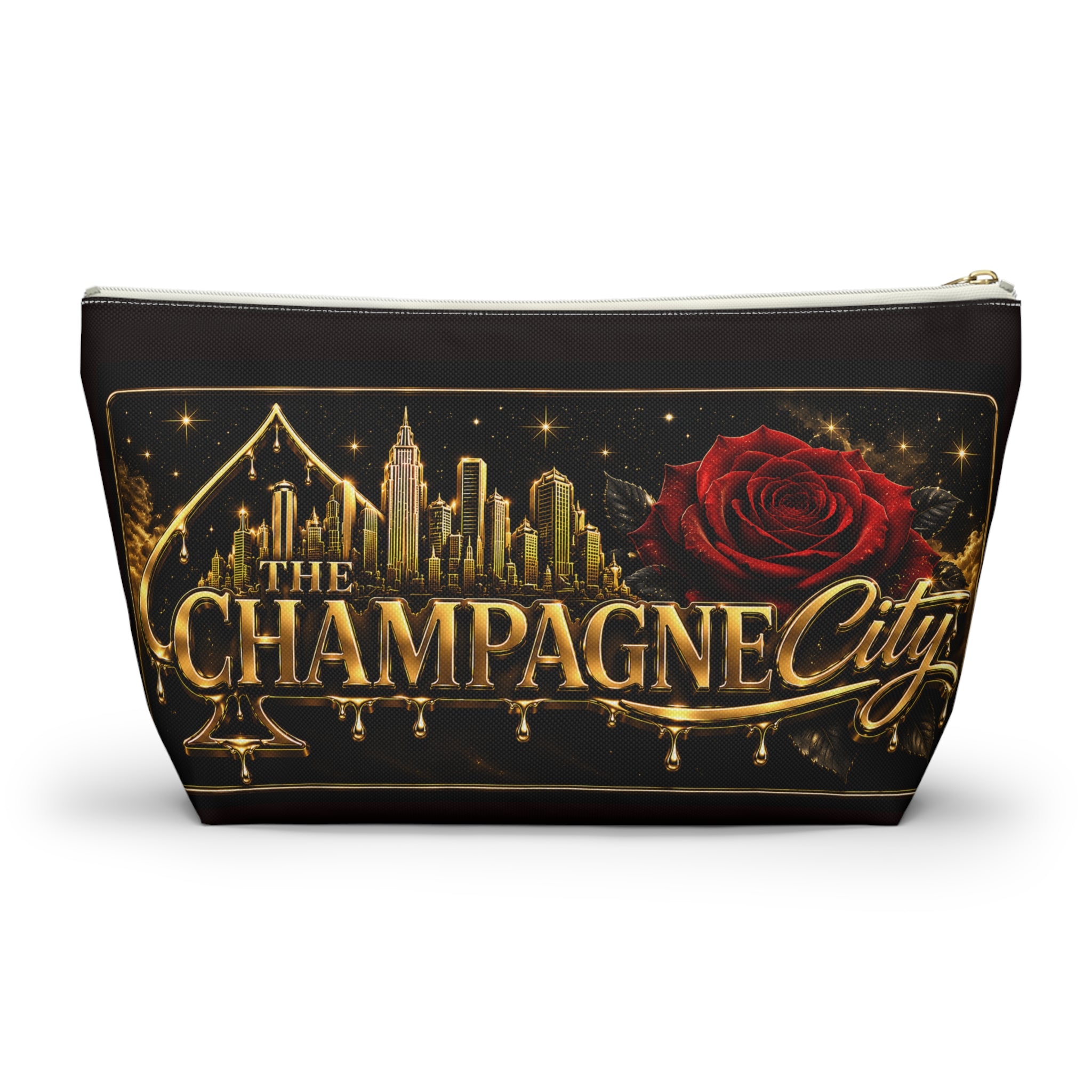 The Champagne City Accessory Pouch — Luxe Rose T-Bottom Makeup Bag