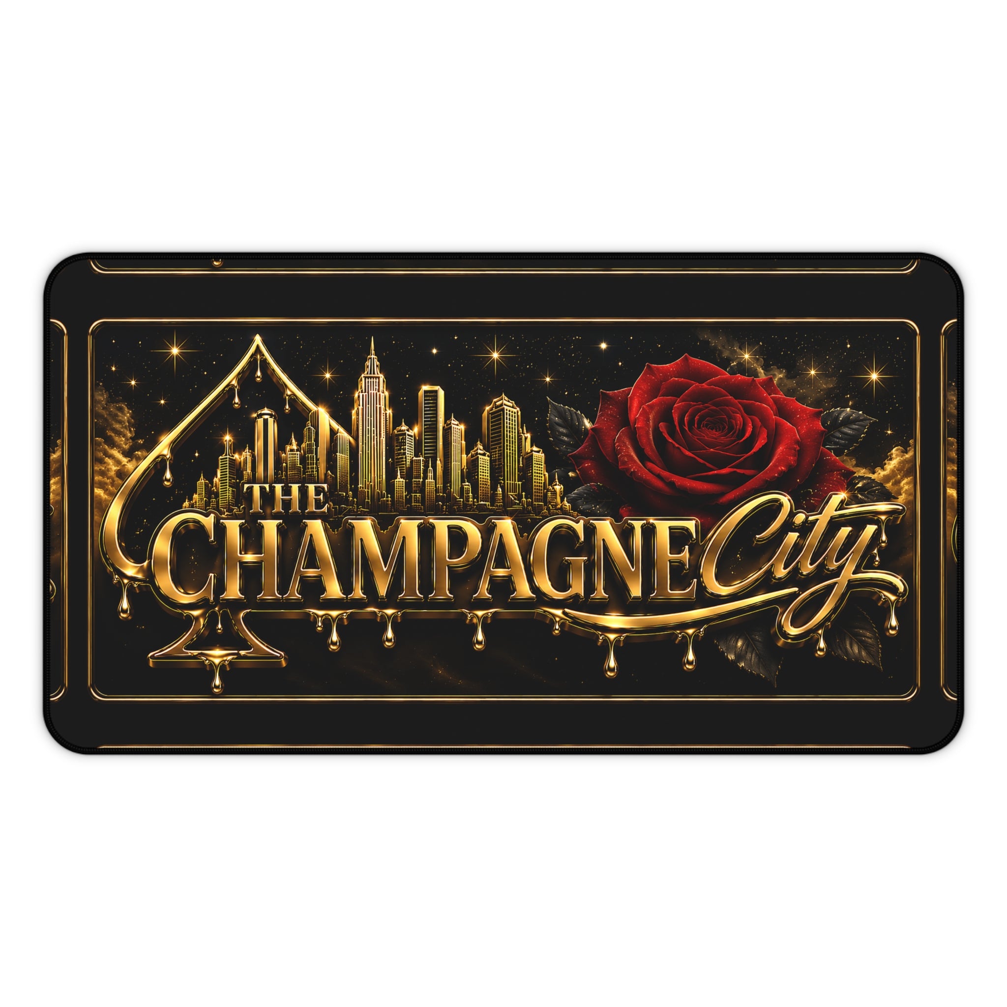 The Champagne City Desk Mat — Gold Skyline & Rose Gaming/Office Mouse Pad