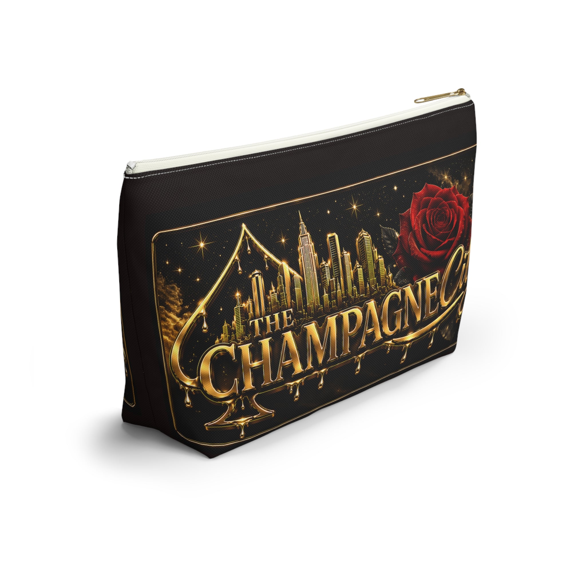 The Champagne City Accessory Pouch — Luxe Rose T-Bottom Makeup Bag