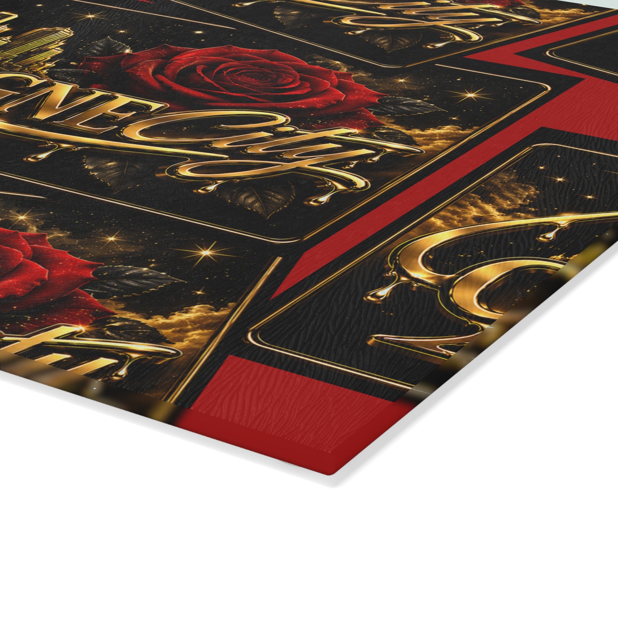 Glass Cutting Board — "The Champagne City" Gold Logo Design with Red Roses