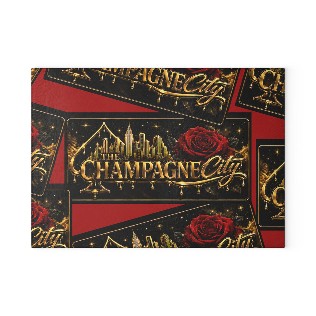 Glass Cutting Board — "The Champagne City" Gold Logo Design with Red Roses