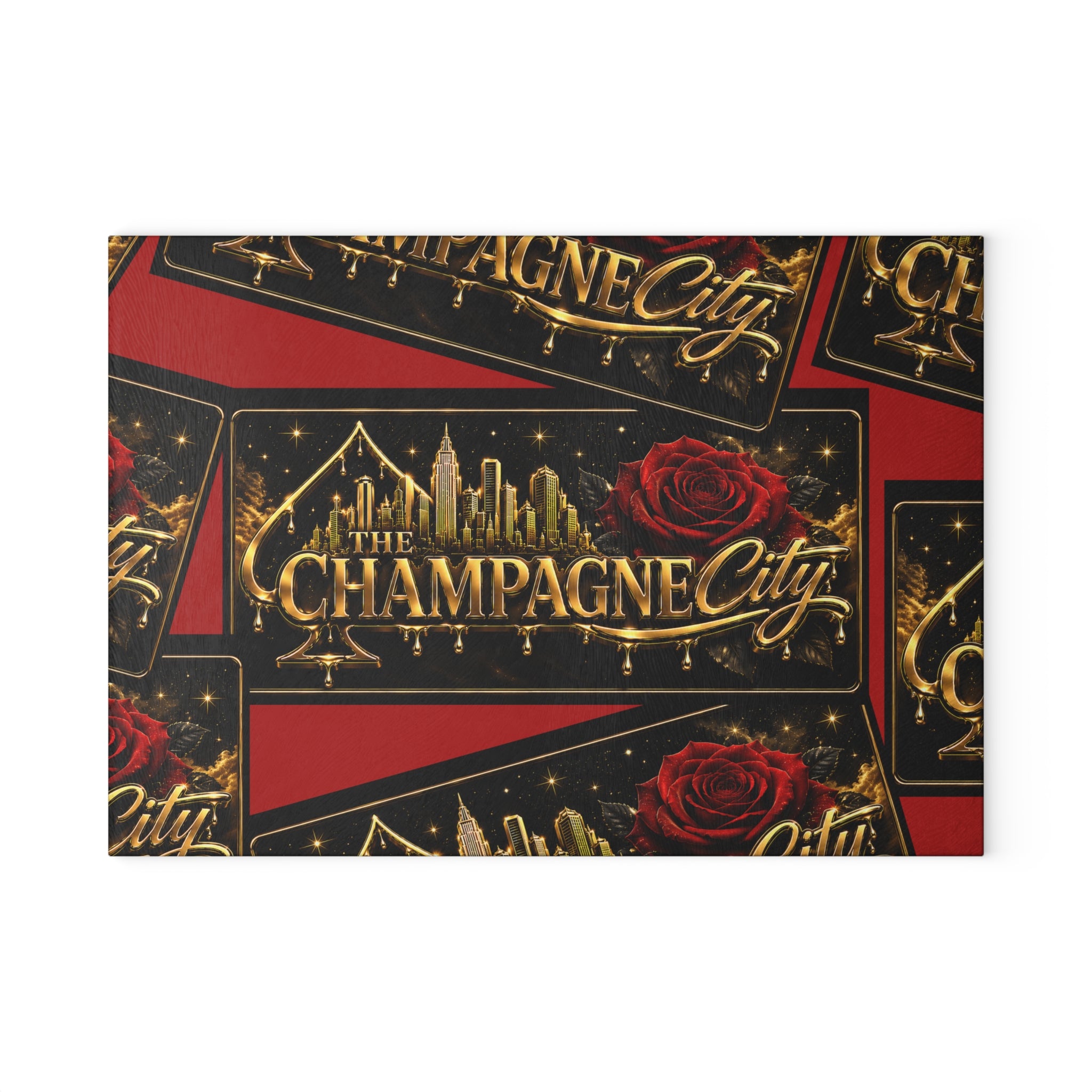 Glass Cutting Board — "The Champagne City" Gold Logo Design with Red Roses