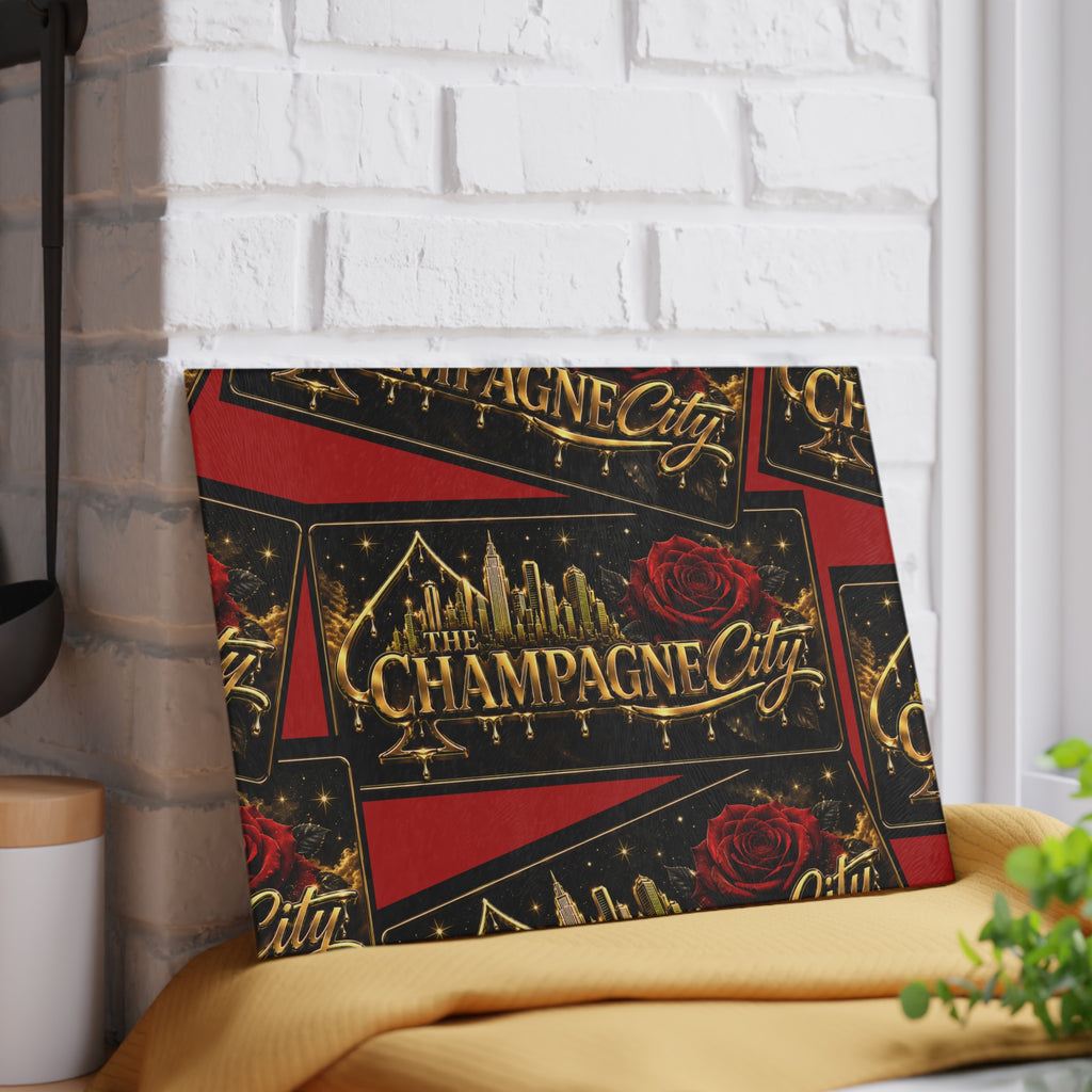 Glass Cutting Board — "The Champagne City" Gold Logo Design with Red Roses