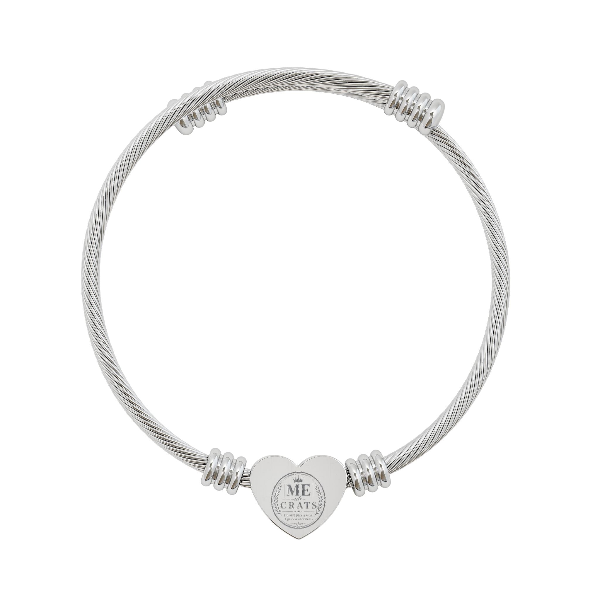 Me -uh- CRATS Engravable Heart Cuff Bracelet — Personalized Cable Wire Bangle (Silver or Gold)