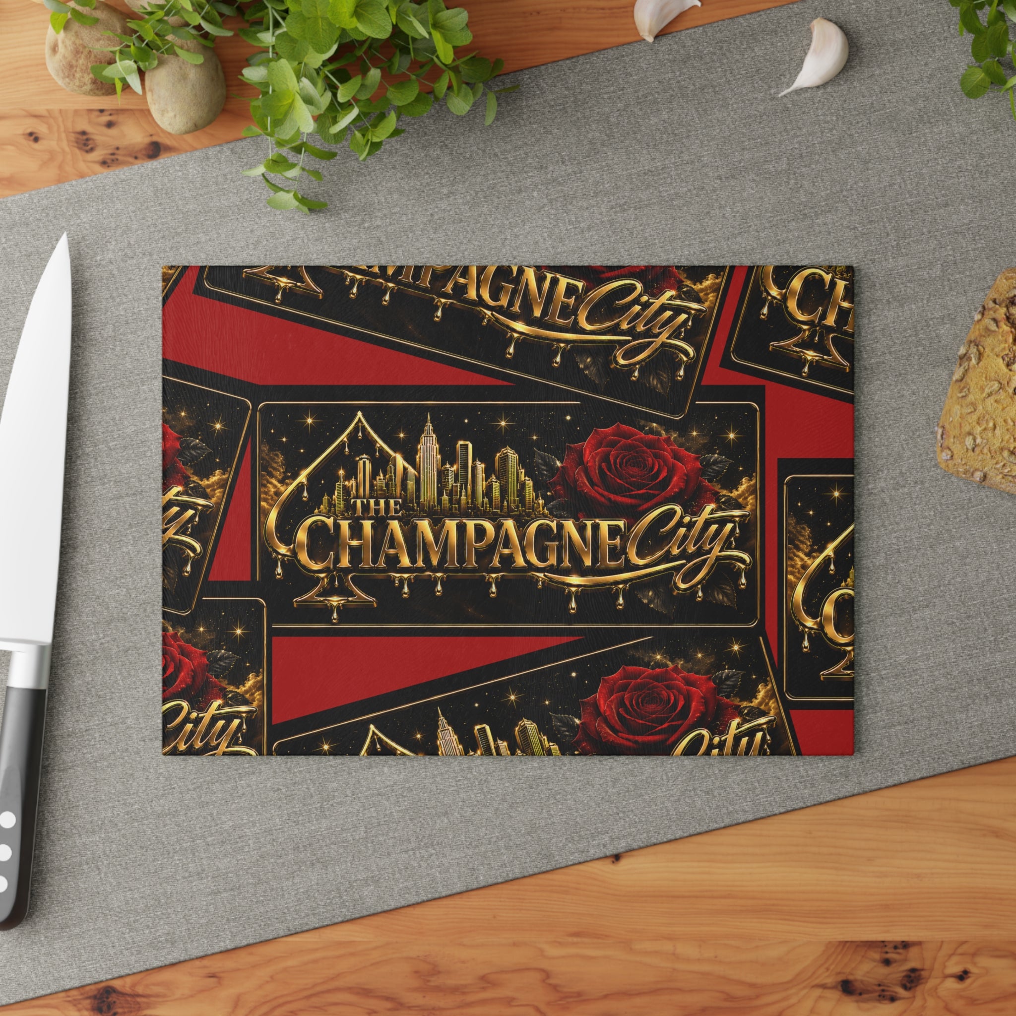 Glass Cutting Board — "The Champagne City" Gold Logo Design with Red Roses