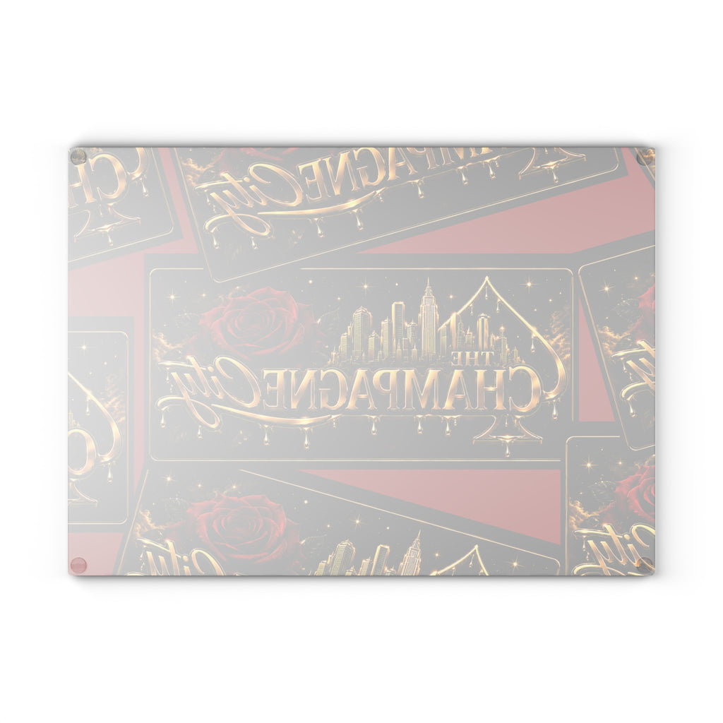 Glass Cutting Board — "The Champagne City" Gold Logo Design with Red Roses
