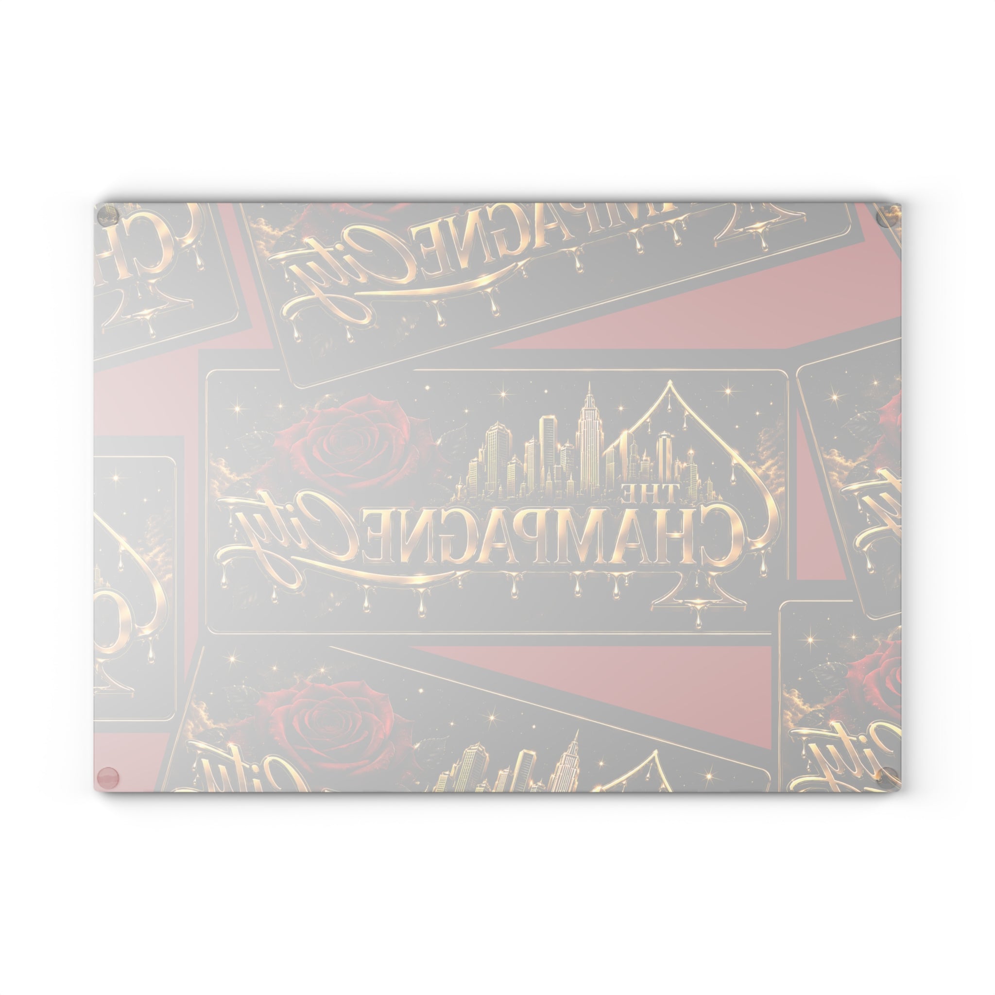 Glass Cutting Board — "The Champagne City" Gold Logo Design with Red Roses