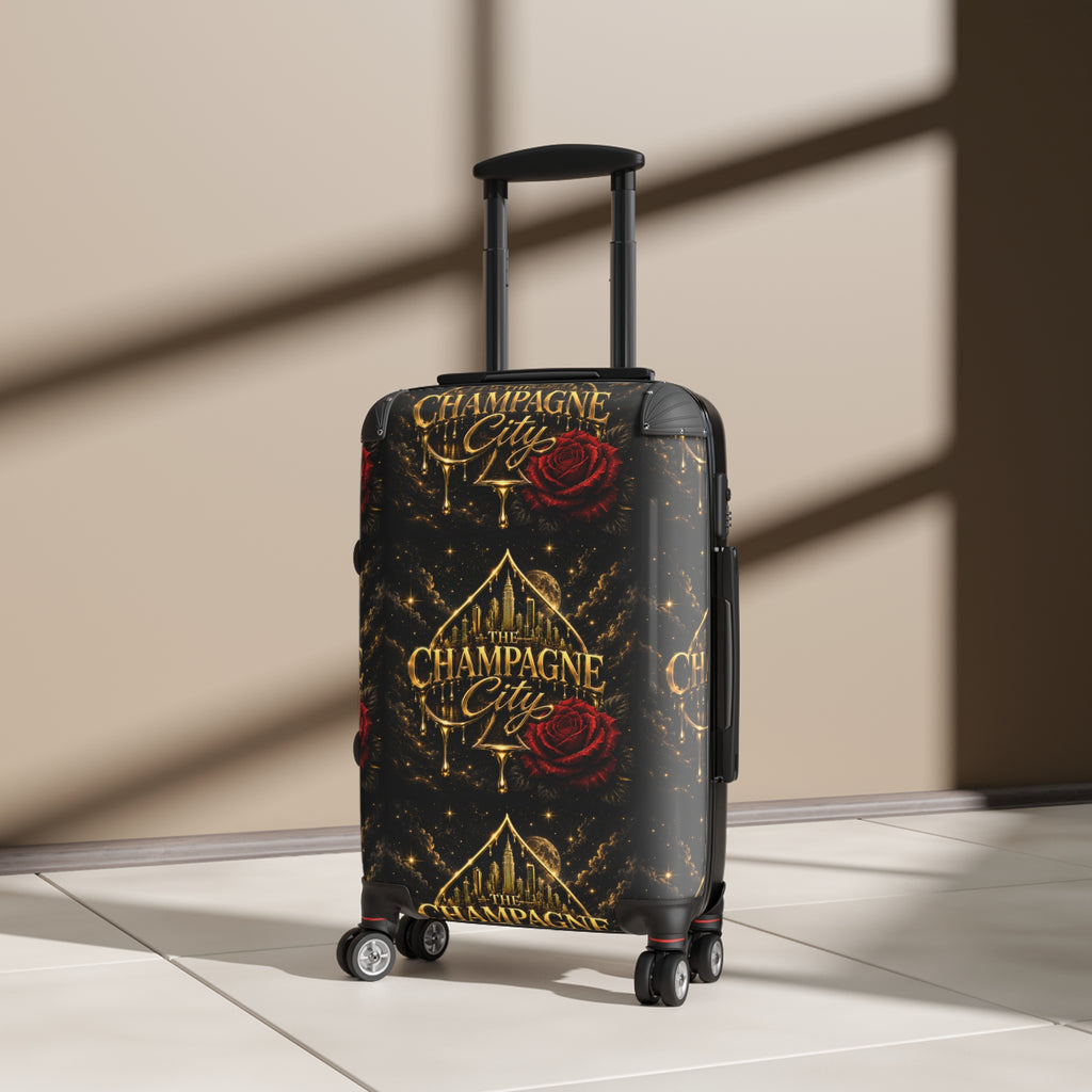 Champagne City Suitcase – Luxurious Black & Gold Travel Luggage with Red Rose Design