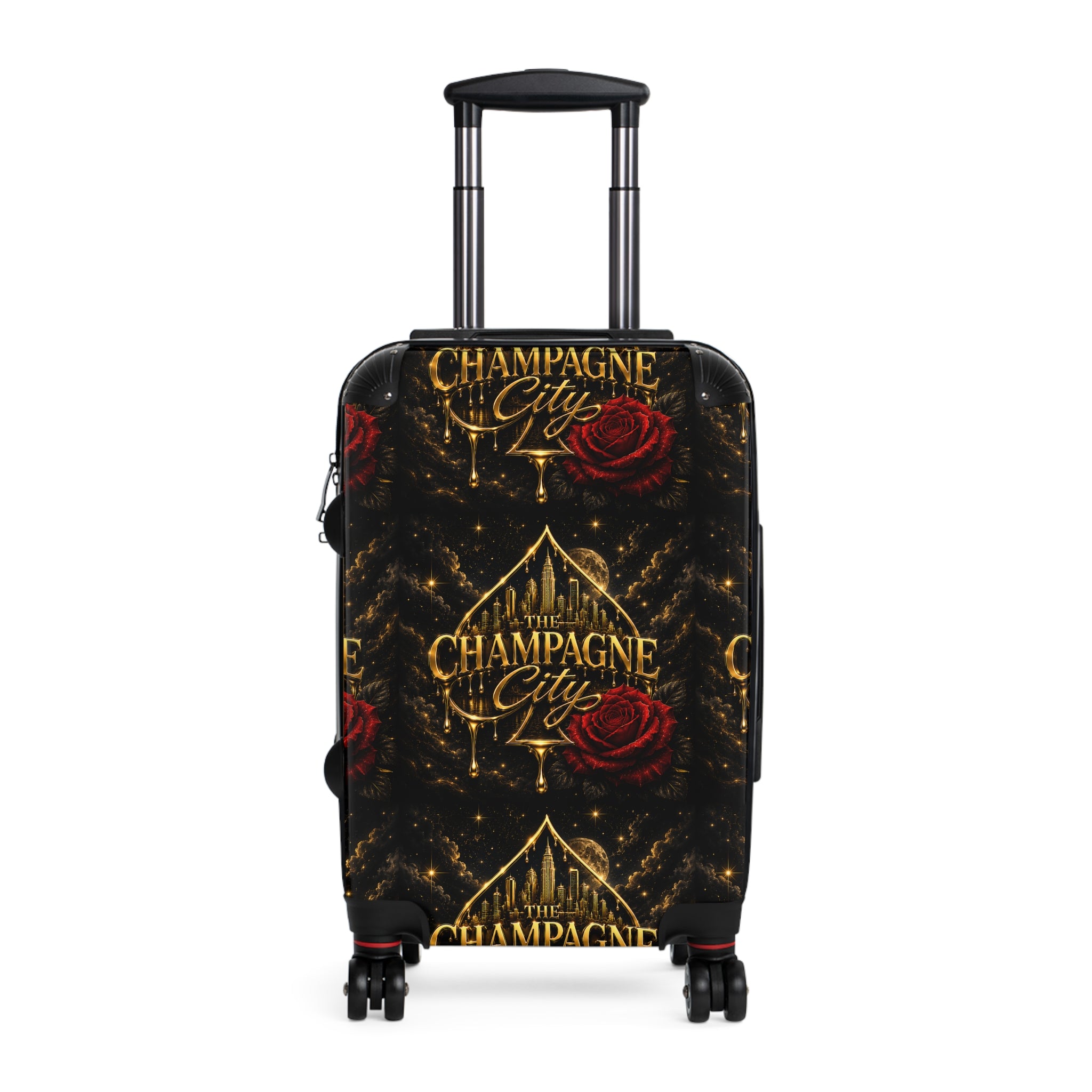Champagne City Suitcase – Luxurious Black & Gold Travel Luggage with Red Rose Design