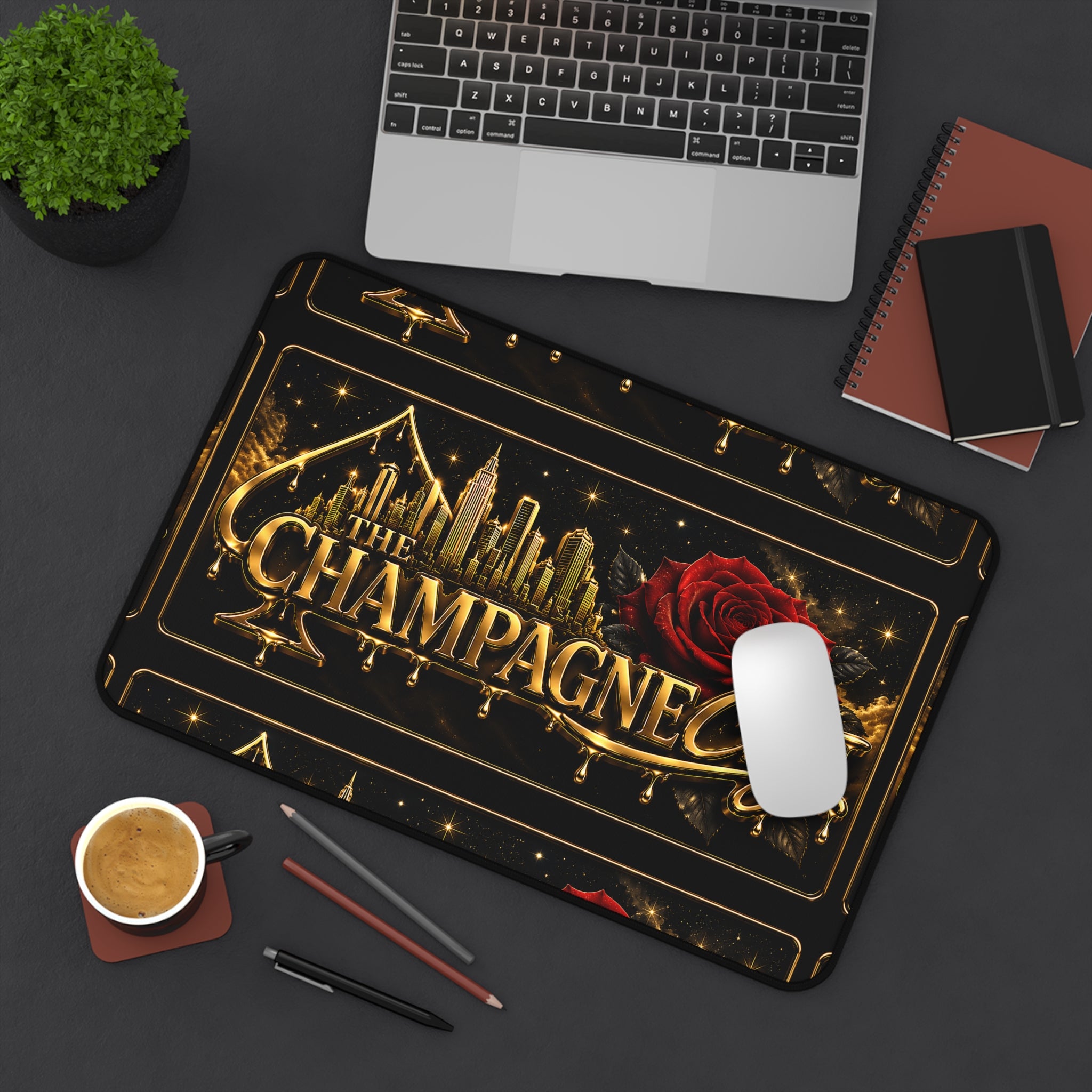 The Champagne City Desk Mat — Gold Skyline & Rose Gaming/Office Mouse Pad