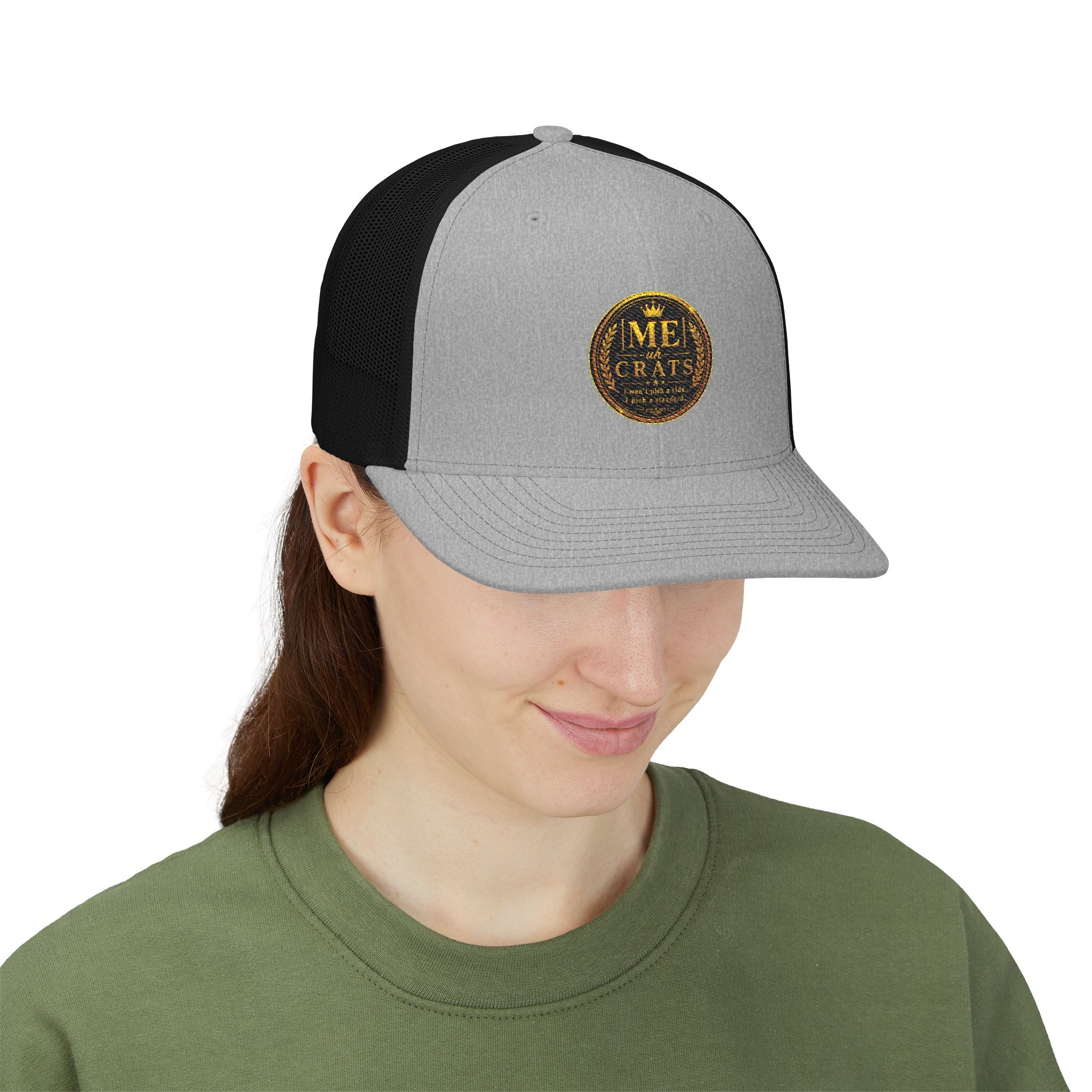 Me -uh- CRATS Signature Embroidered Retro Coin Logo Trucker Cap