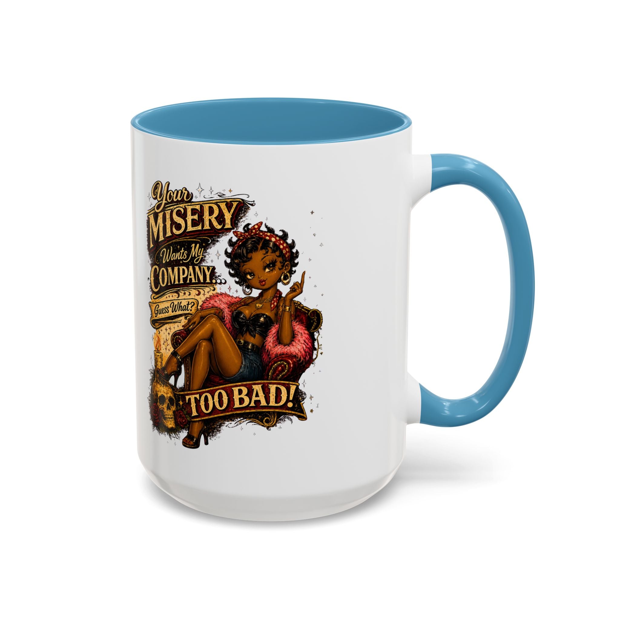 Accent Coffee Mug — "Your Misery Pays My Company" Vintage Pin-Up Gothic Coffee Mug