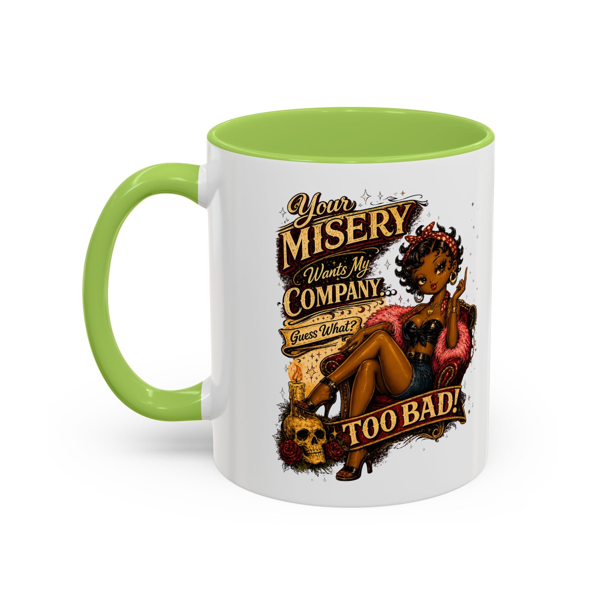 Accent Coffee Mug — "Your Misery Pays My Company" Vintage Pin-Up Gothic Coffee Mug
