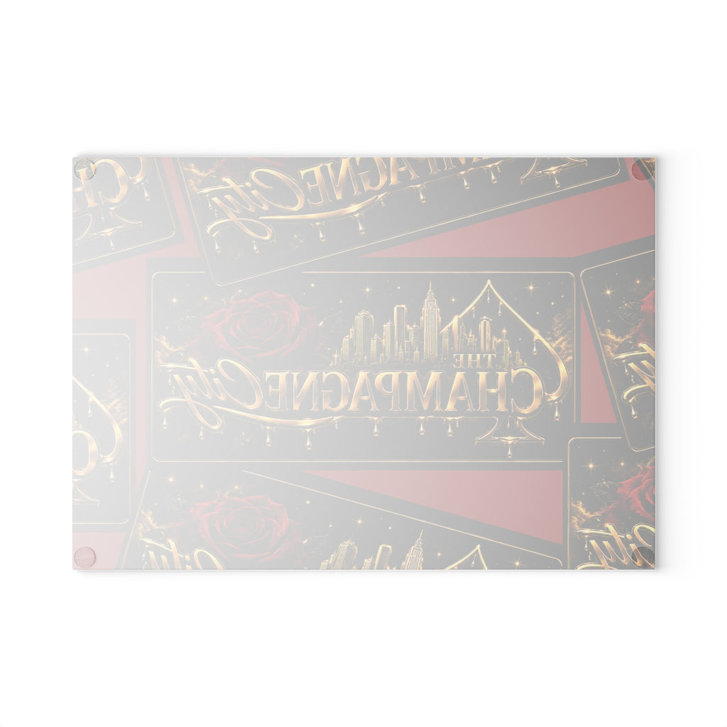 Glass Cutting Board — "The Champagne City" Gold Logo Design with Red Roses